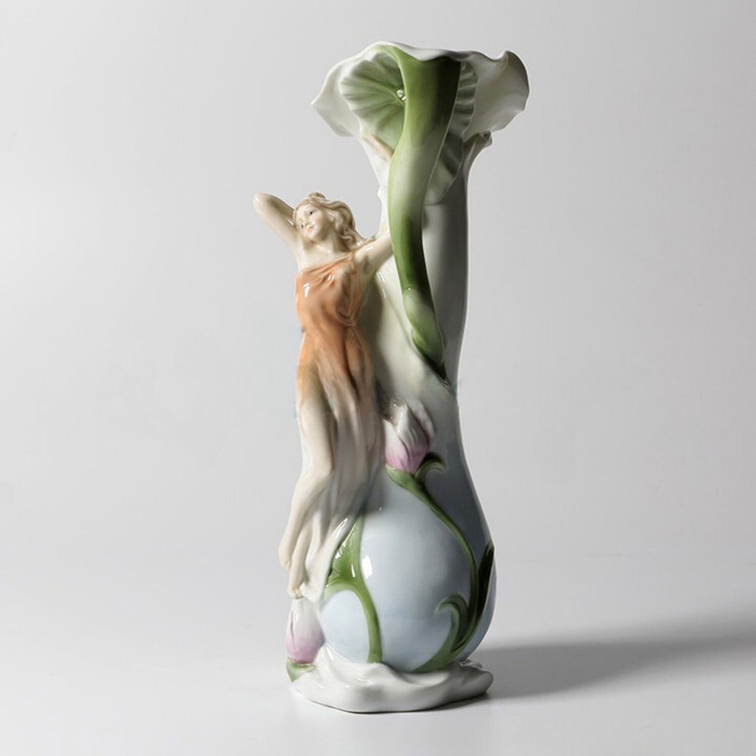 11 Inches Art Nouveau Style Fine Porcelain Lady on Tulip Porcelain Vase
