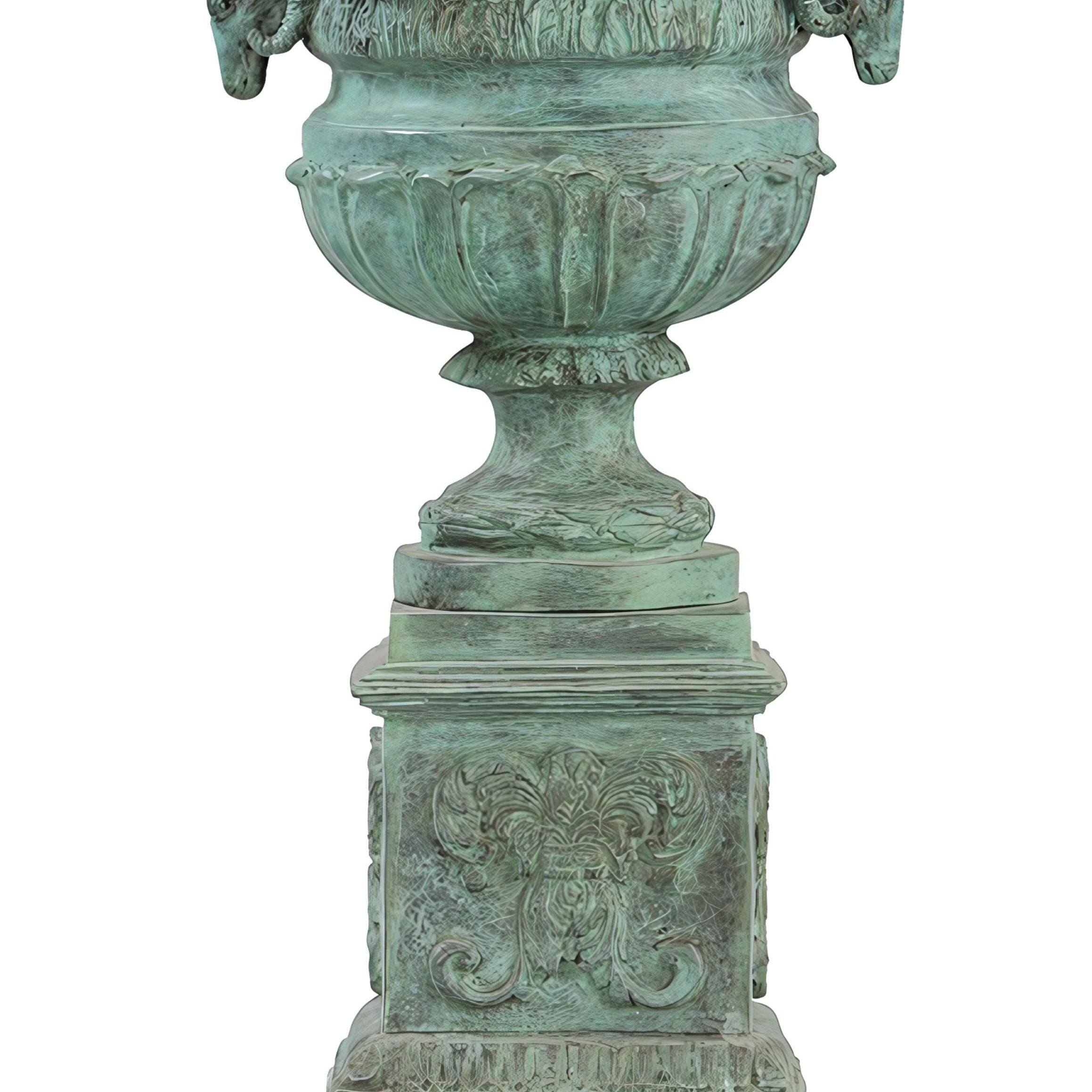 16 Inch Ancient Greek Style Bronze Garden Urn Vase with Goat Motif