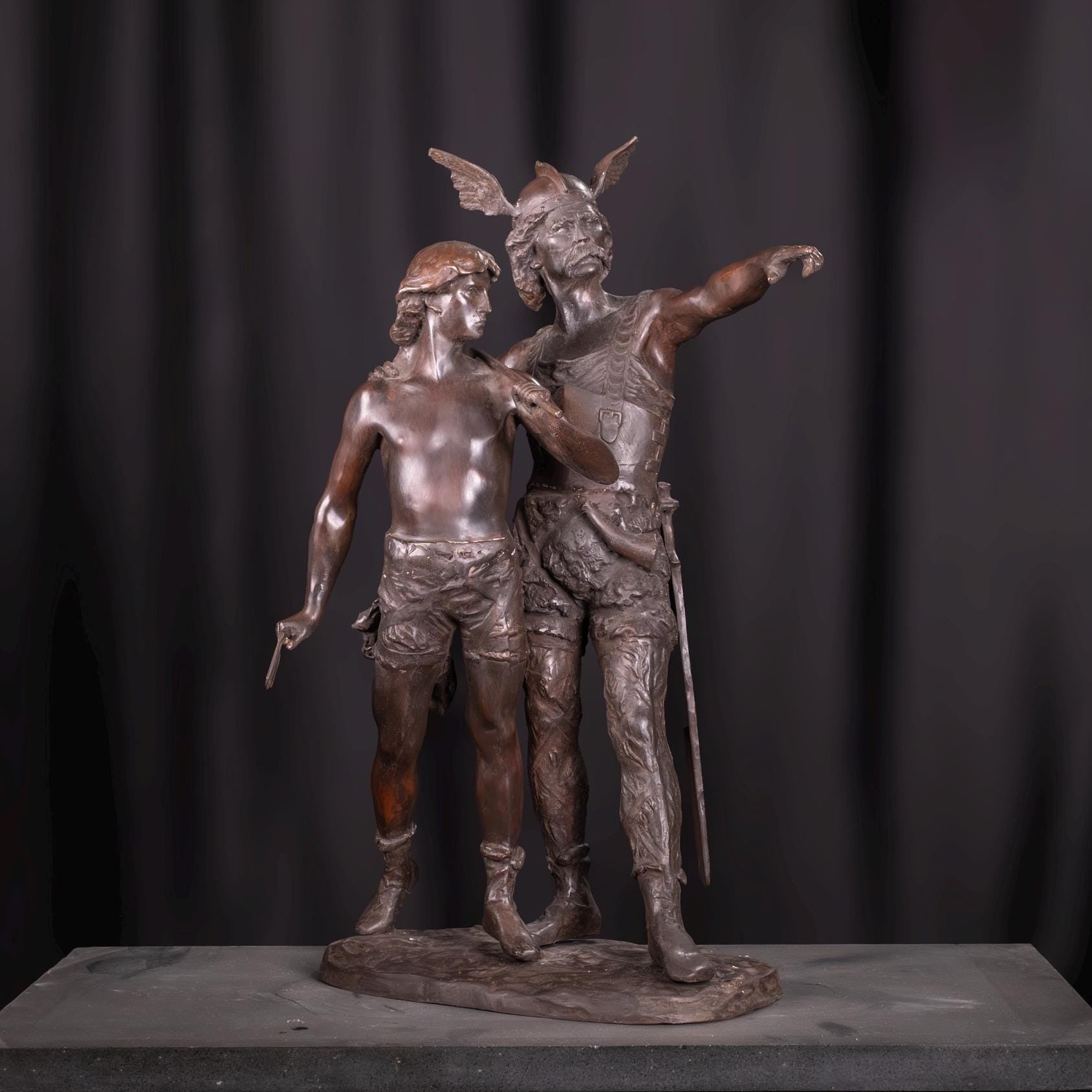 Bronze Vercingetorix and Son Sculpture: Lost Wax Viking Statue (33 Inch)