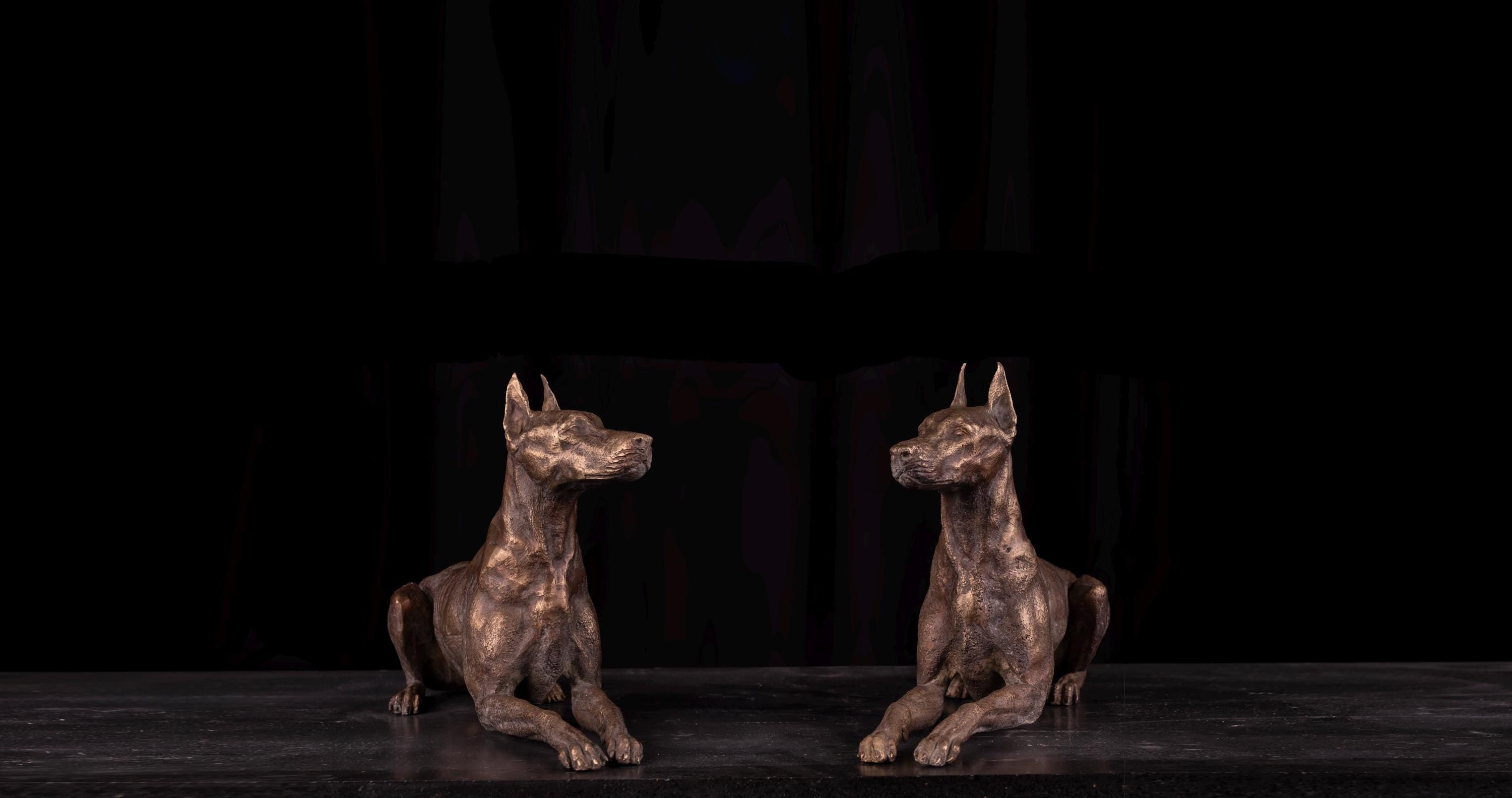 Bronze Doberman Statue Pair: Lost Wax Sculpture