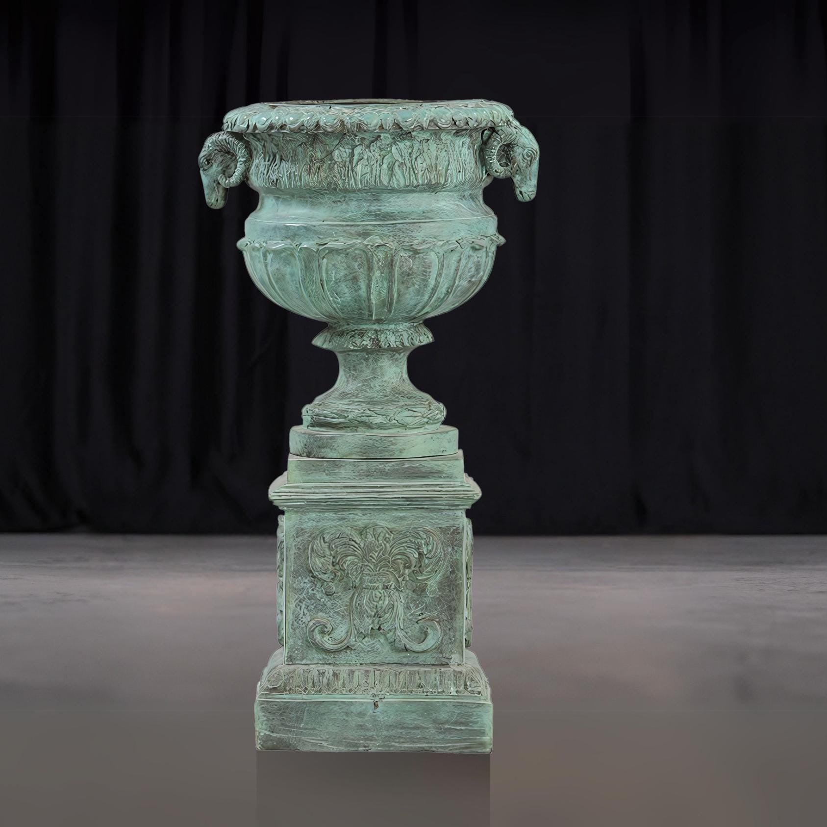 16 Inch Ancient Greek Style Bronze Garden Urn Vase with Goat Motif