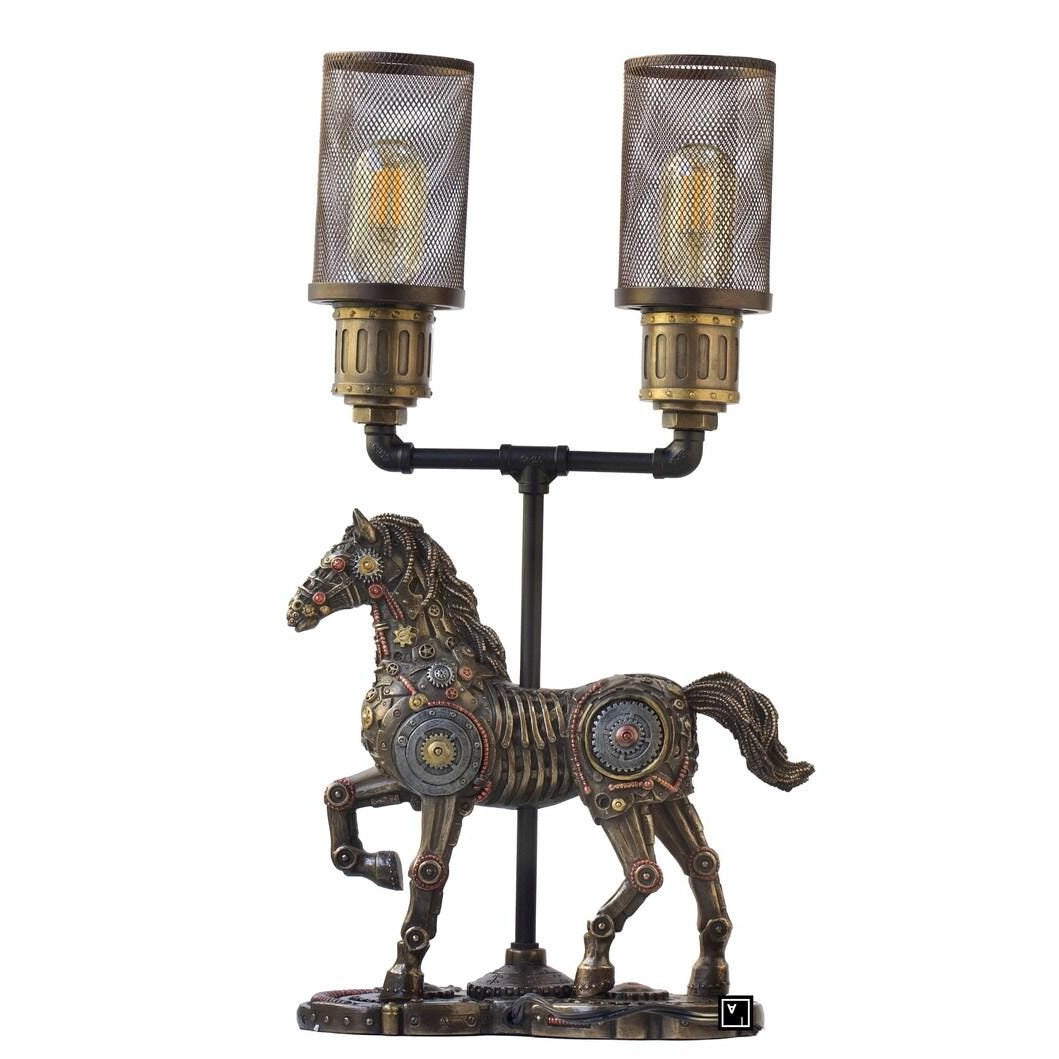 Steampunk Horse Desk Lamp, Double Light Mesh Table Lamp