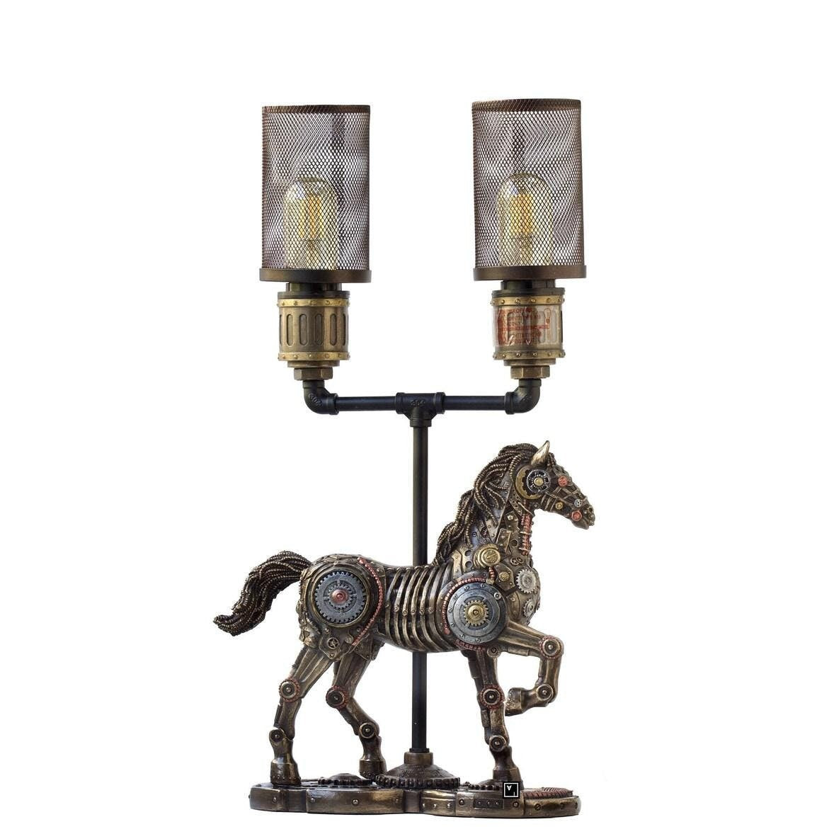 Steampunk Horse Desk Lamp, Double Light Mesh Table Lamp