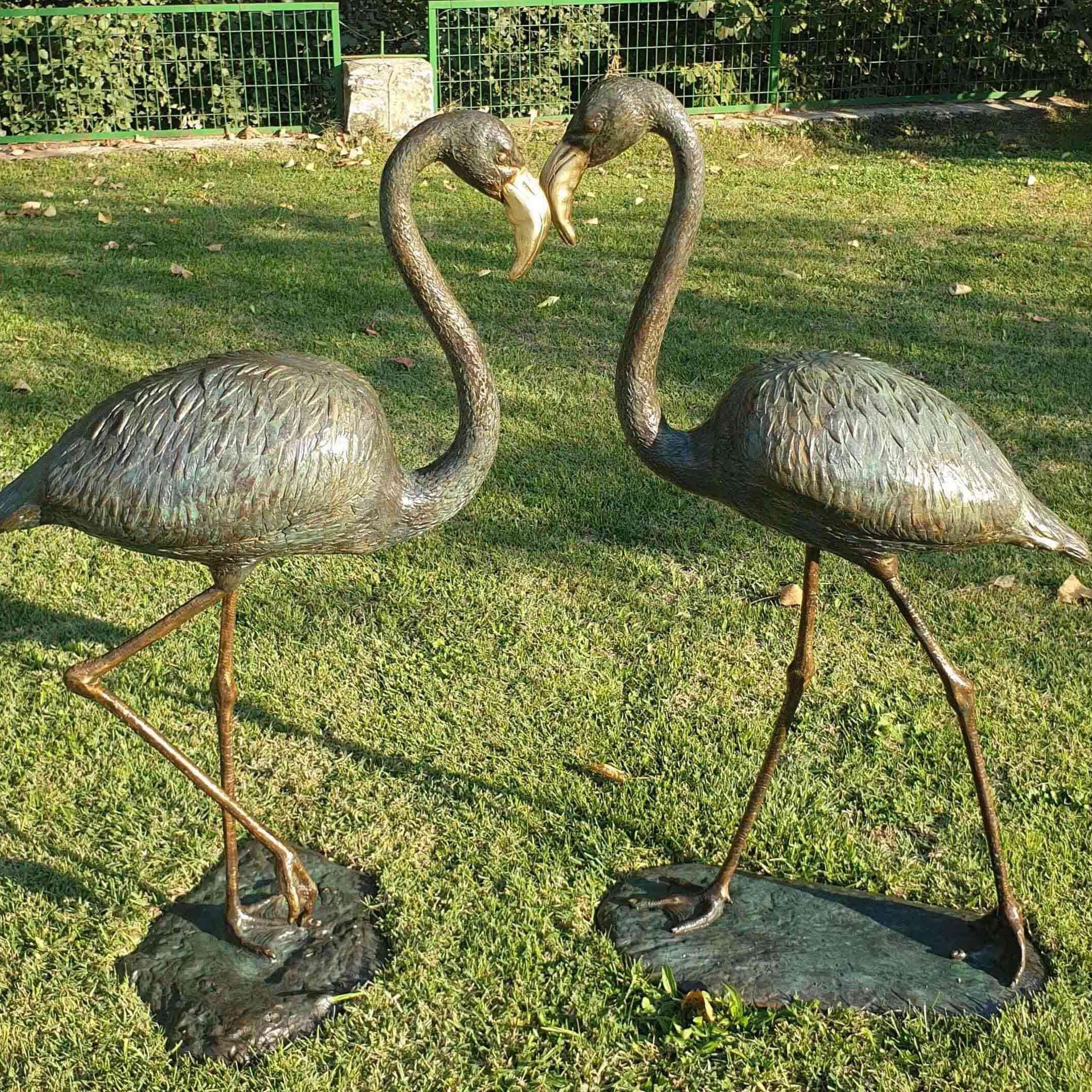 Pair of Bronze Flamingo Sculptures: Large Garden Yard Statues