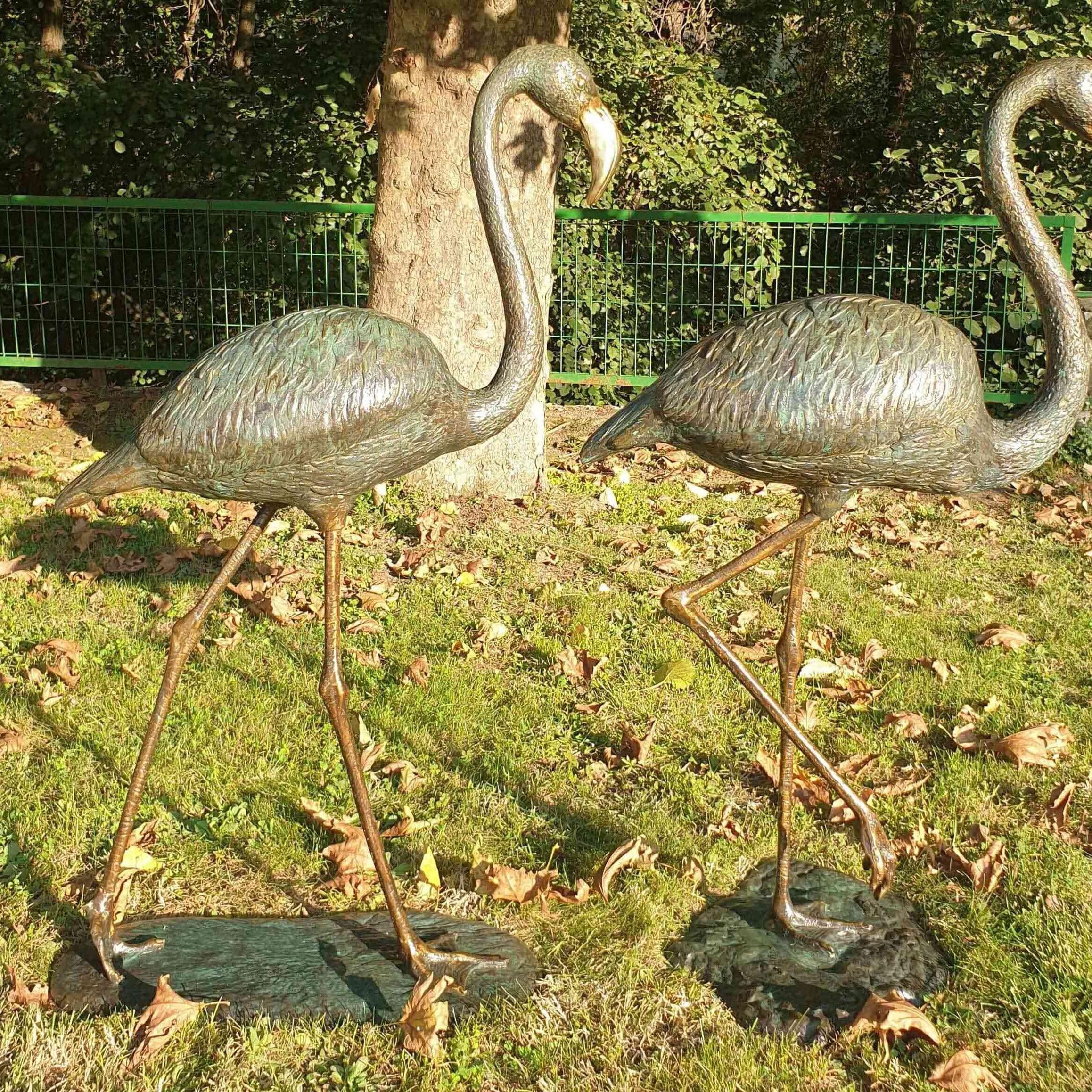 Pair of Bronze Flamingo Sculptures: Large Garden Yard Statues