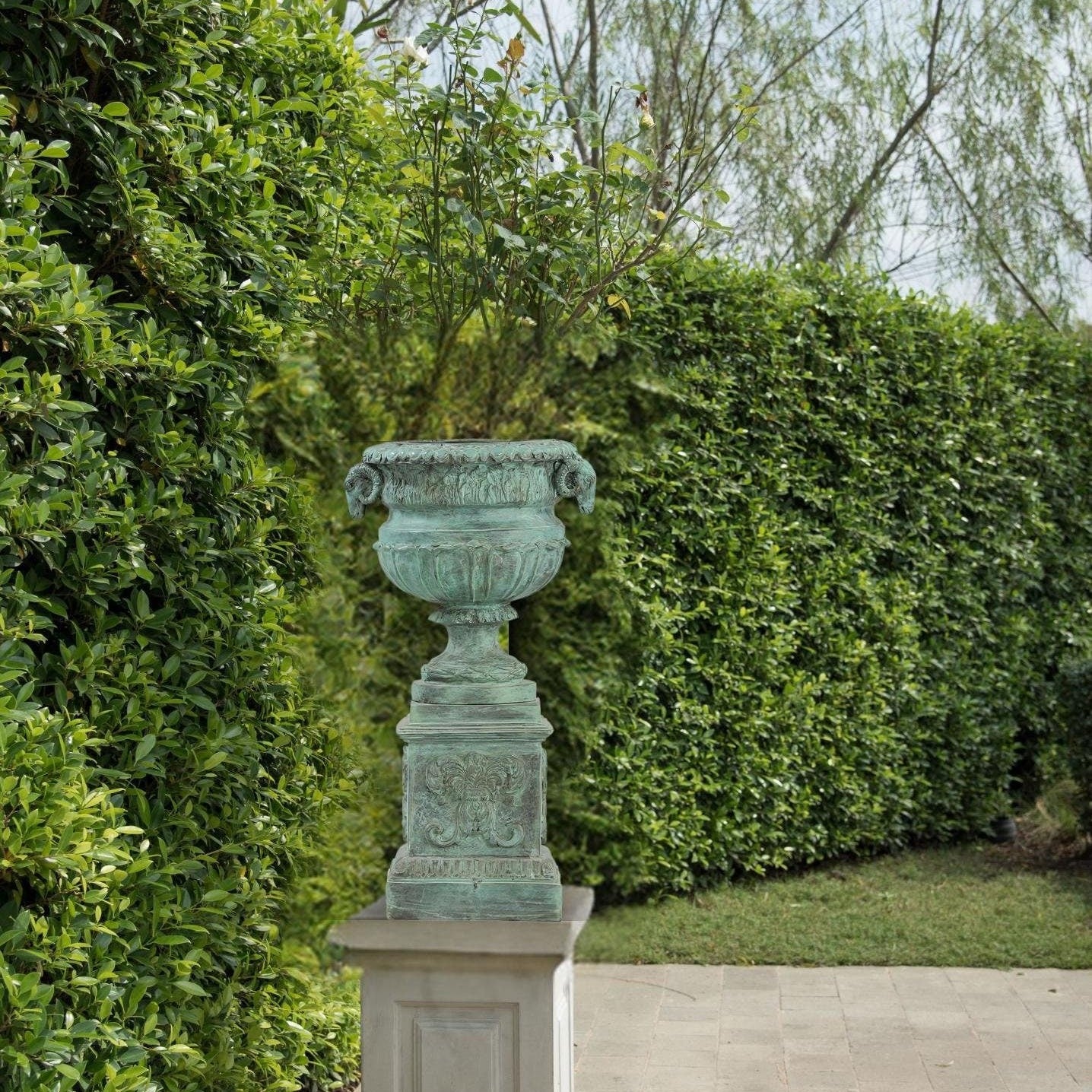16 Inch Ancient Greek Style Bronze Garden Urn Vase with Goat Motif