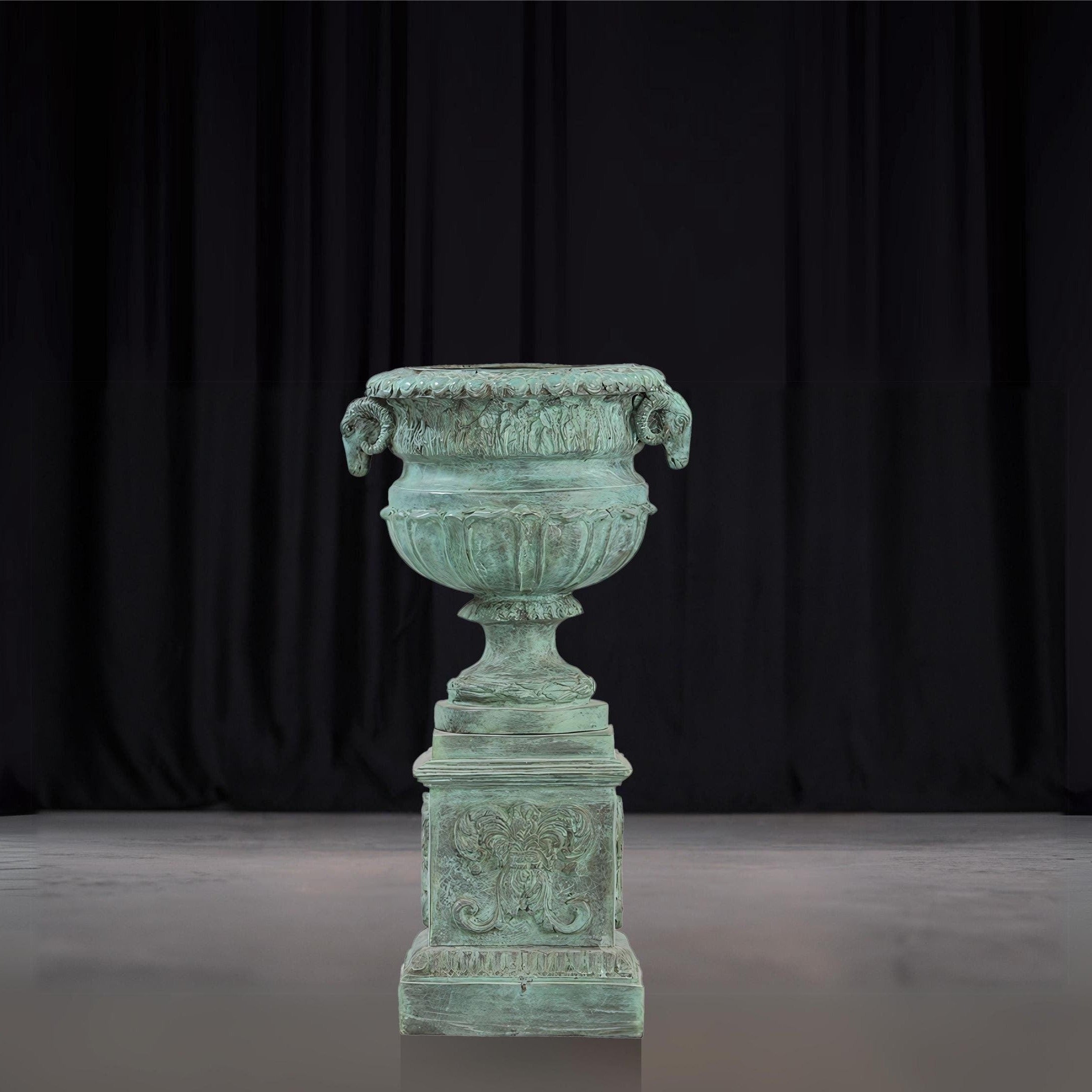 16 Inch Ancient Greek Style Bronze Garden Urn Vase with Goat Motif