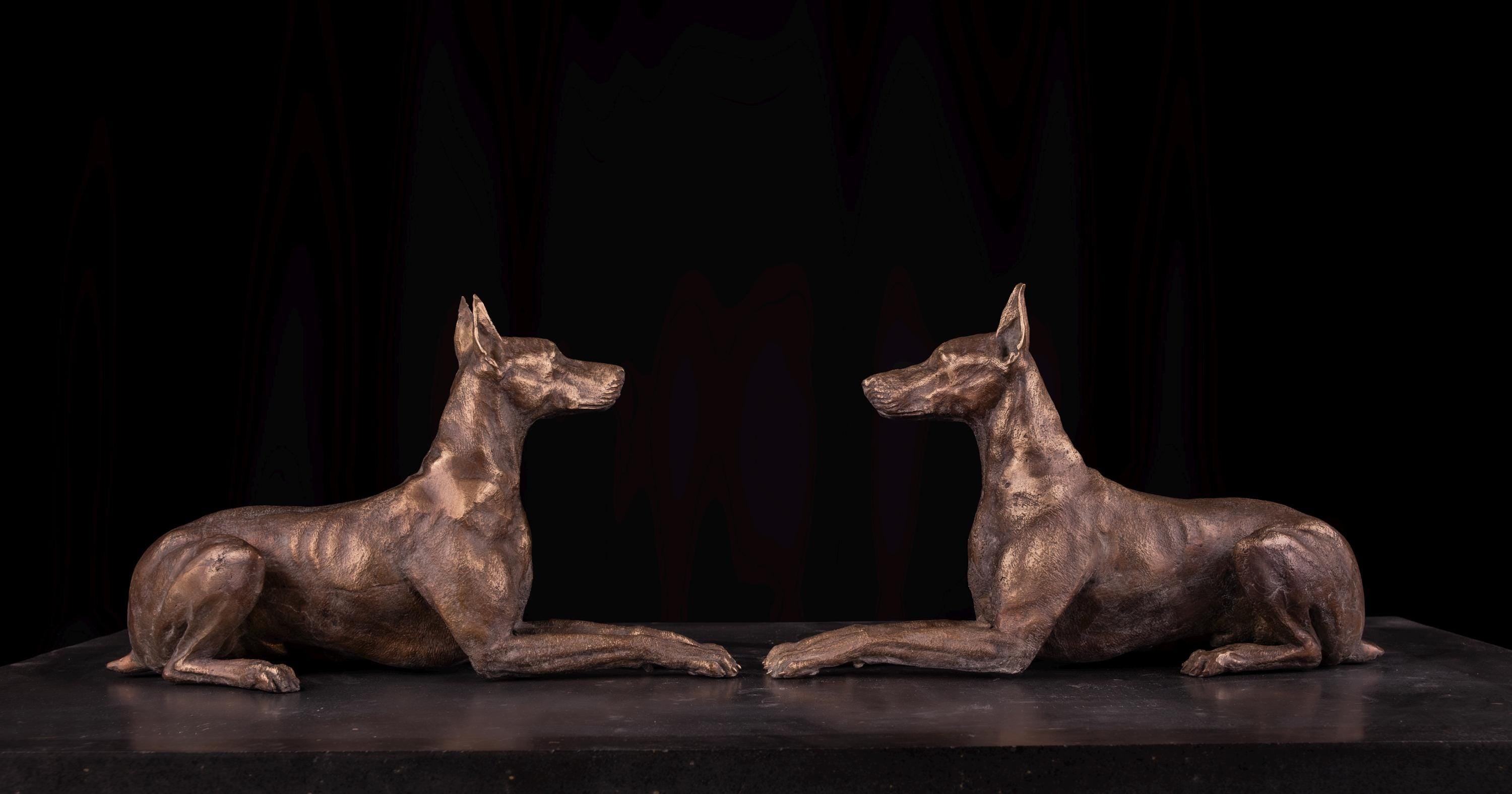 Bronze Doberman Statue Pair: Lost Wax Sculpture