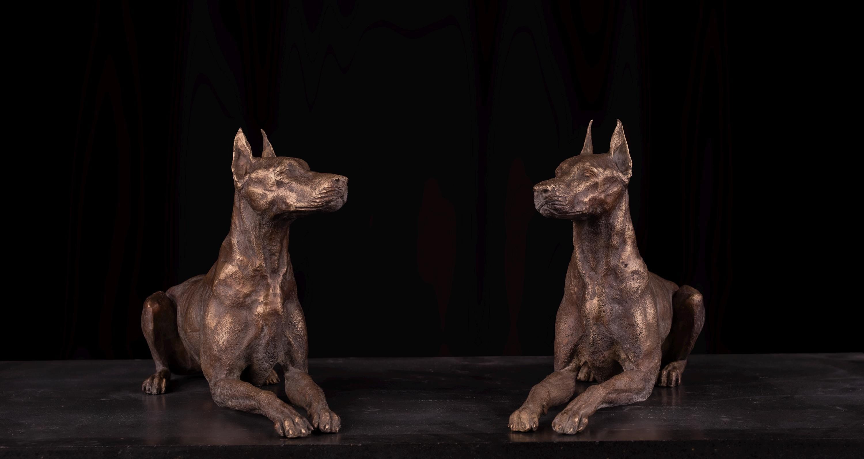Bronze Doberman Statue Pair: Lost Wax Sculpture