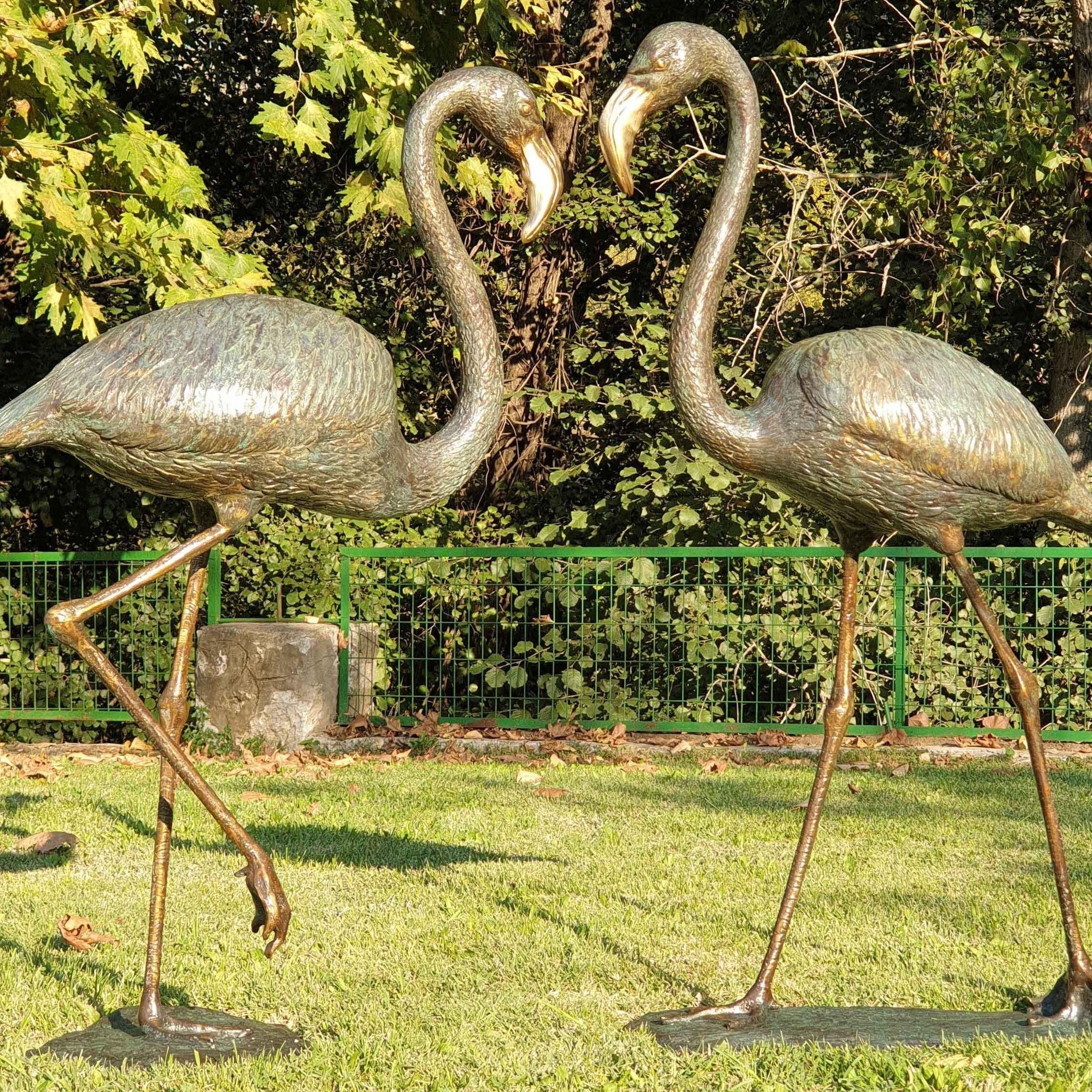 Pair of Bronze Flamingo Sculptures: Large Garden Yard Statues