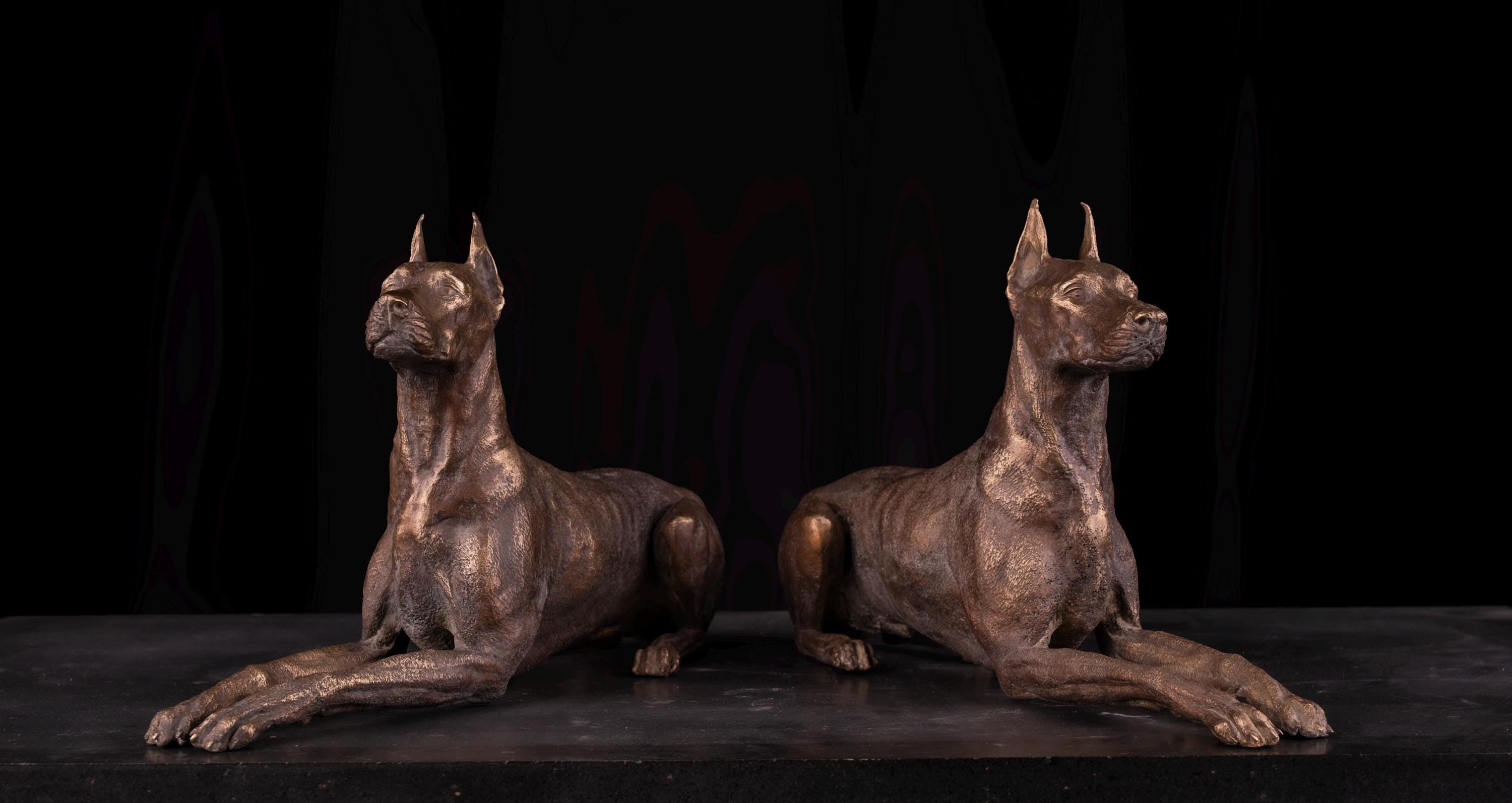Bronze Doberman Statue Pair: Lost Wax Sculpture
