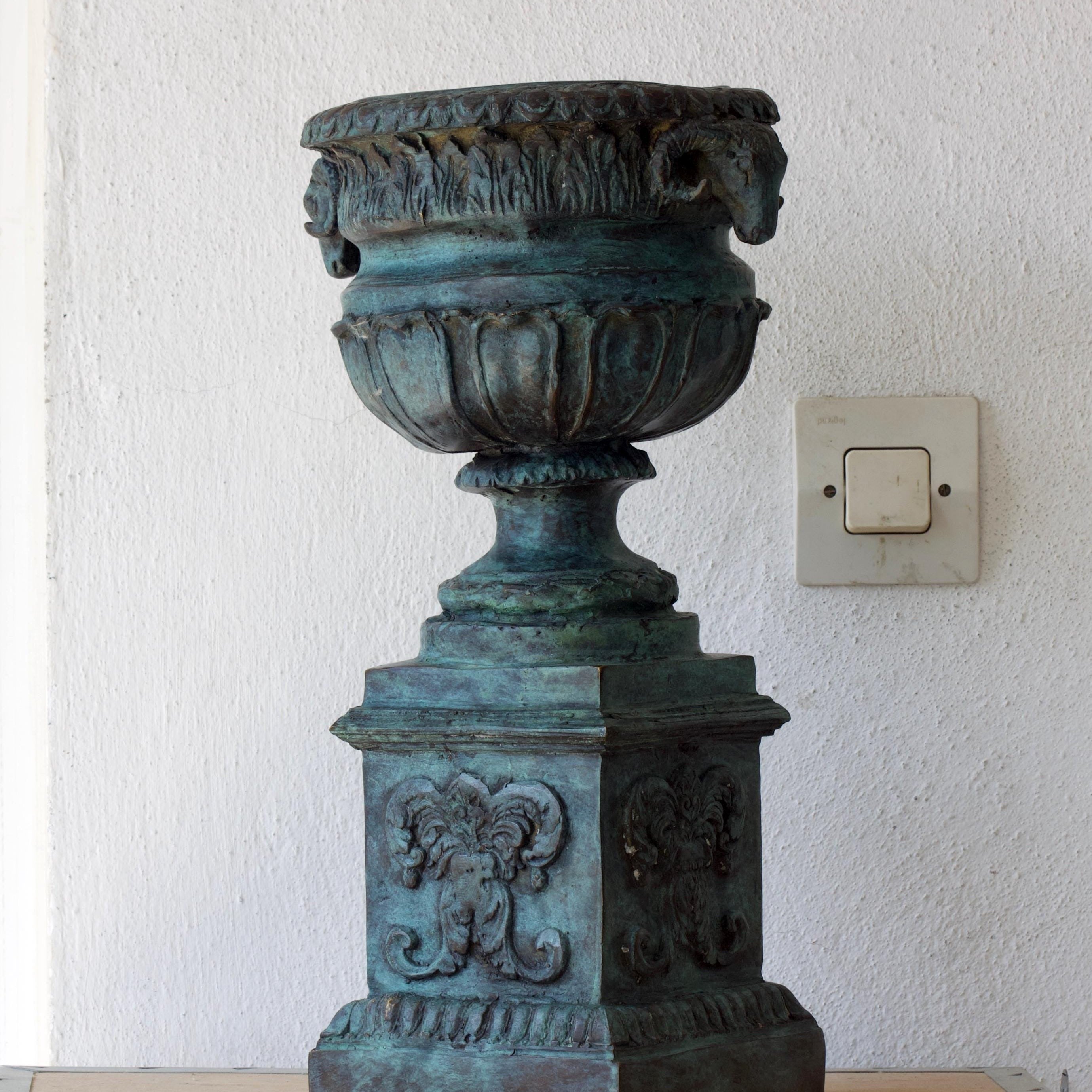 16 Inch Ancient Greek Style Bronze Garden Urn Vase with Goat Motif
