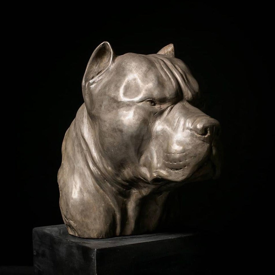 Bronze Pitbull Bust Sculpture: 14-Inch Lost Wax Art on Marble Base