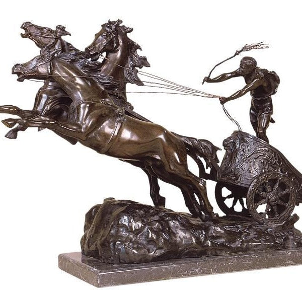 Bronze Roman Horses Chariot Gladiator Sculpture (25.59 Inches)