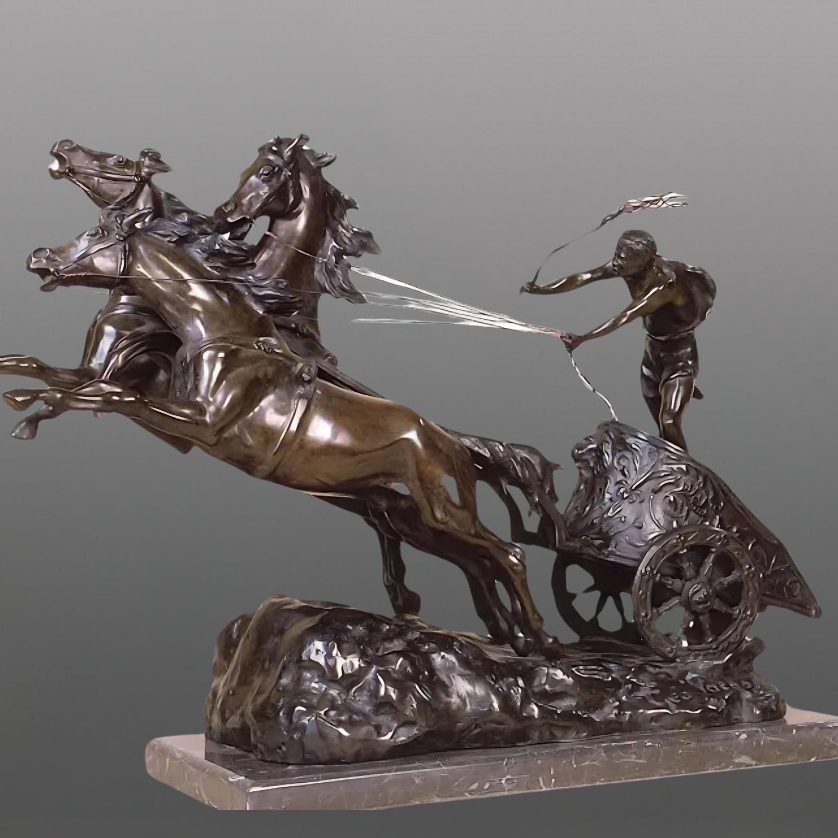 Bronze Roman Horses Chariot Gladiator Sculpture (25.59 Inches)