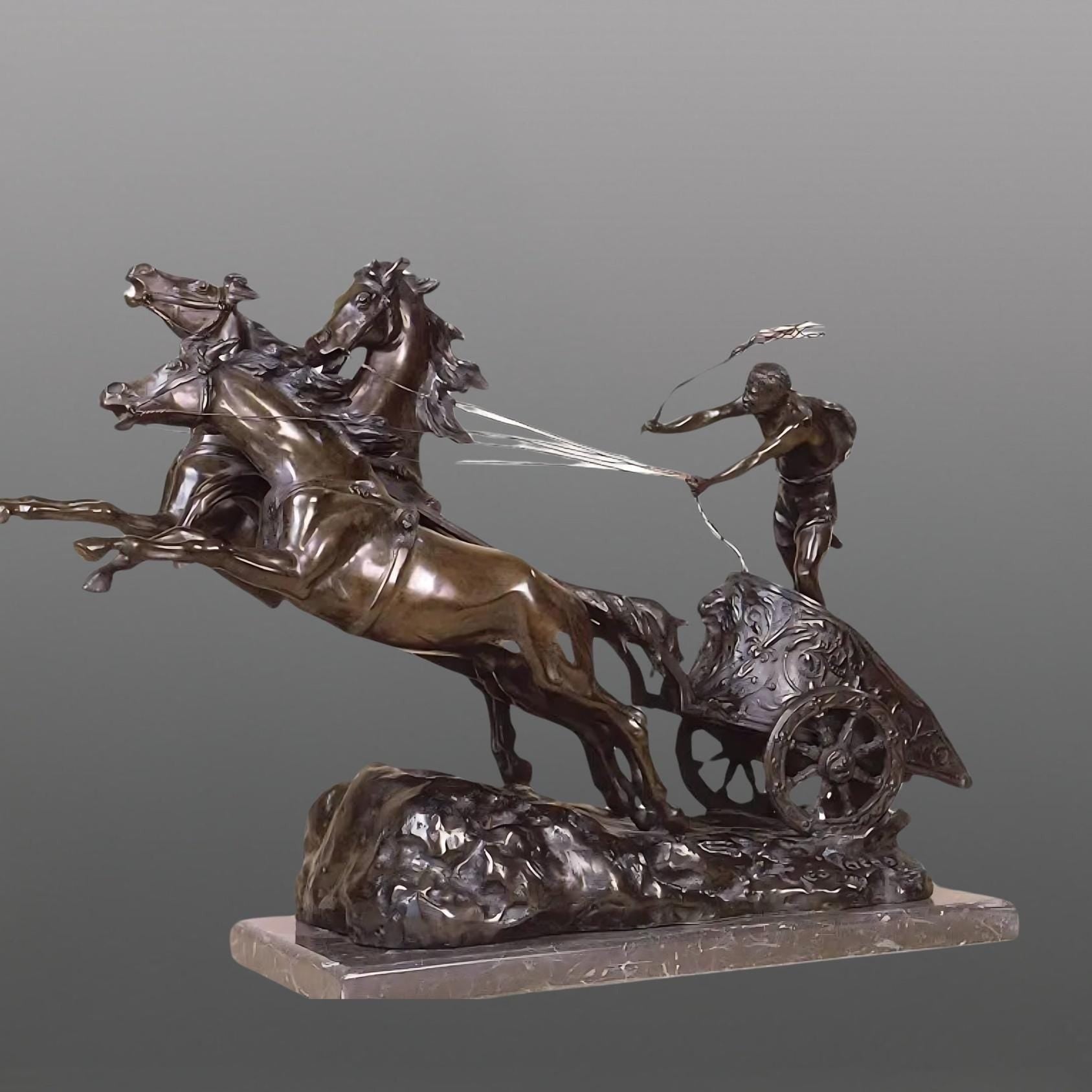 Bronze Roman Horses Chariot Gladiator Sculpture (25.59 Inches)