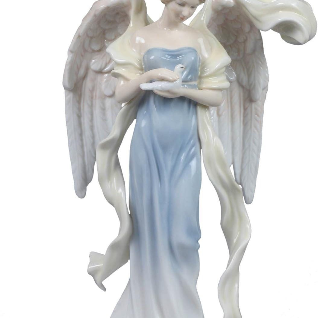 9.75 Inch Glazed Porcelain Open Winged Angel Figurine Holding Dove