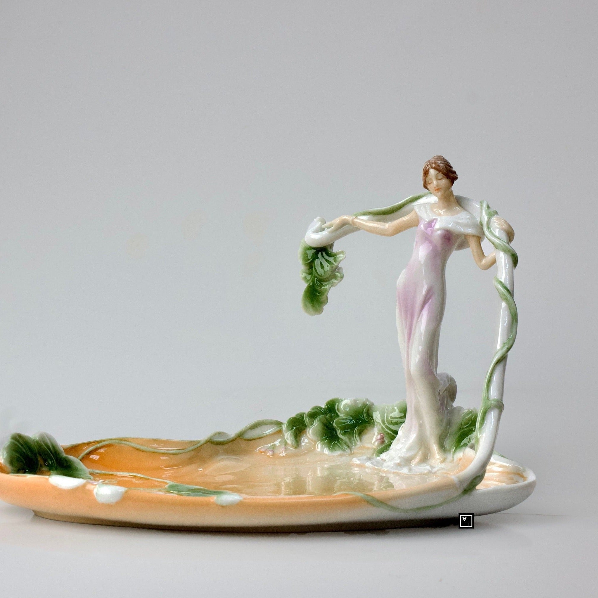 5.51" Inches Art Nouveau Porcelain Bowl with standing Woman Vine Tray