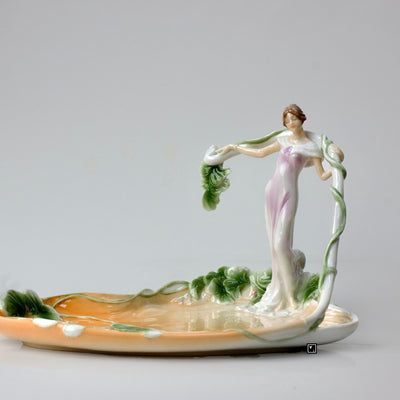 5.51" Inches Art Nouveau Porcelain Bowl with standing Woman Vine Tray