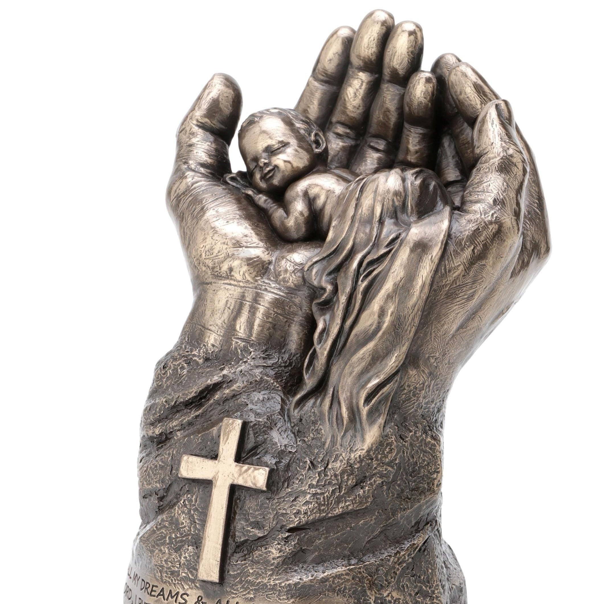 Cold Cast Bronze Christian Statue: Baby in Praying Hands