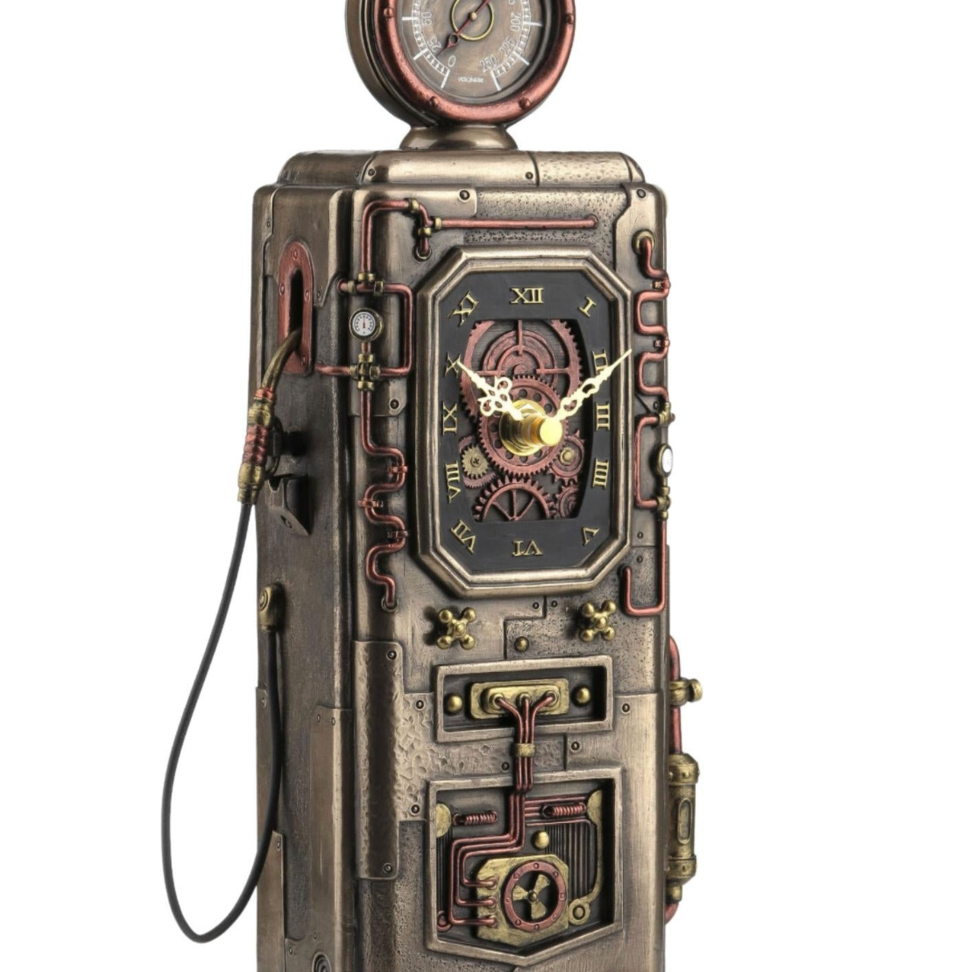 Steampunk Gas Station Desk Clock: Bronzed Fuel Dispenser Tower