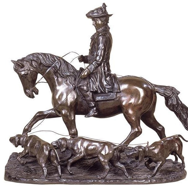 Bronze Hunter with Dogs Sculpture: Equestrian Hunting Scene (23.62 Inches)