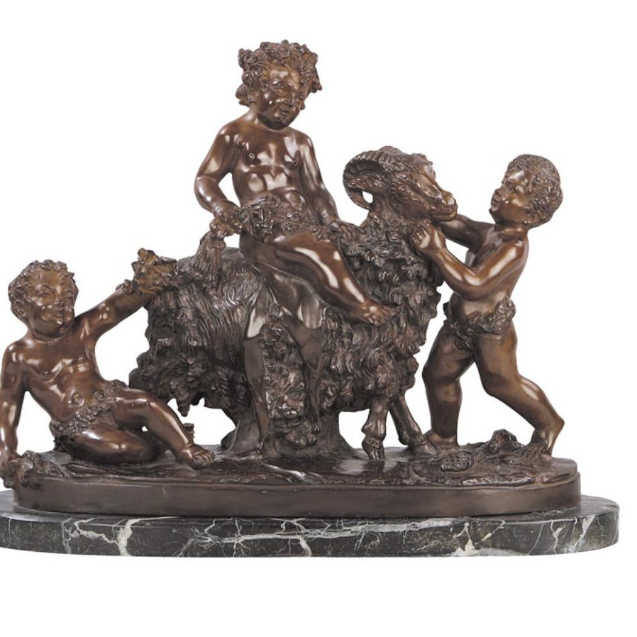 Bronze Puttos with Goat Sculpture – Antique-Inspired Cherub Figurines for Elegant Office Home Decor