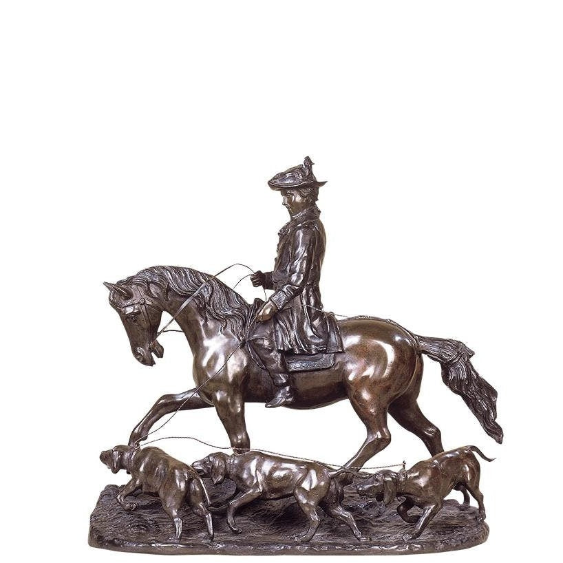 Bronze Hunter with Dogs Sculpture: Equestrian Hunting Scene (23.62 Inches)