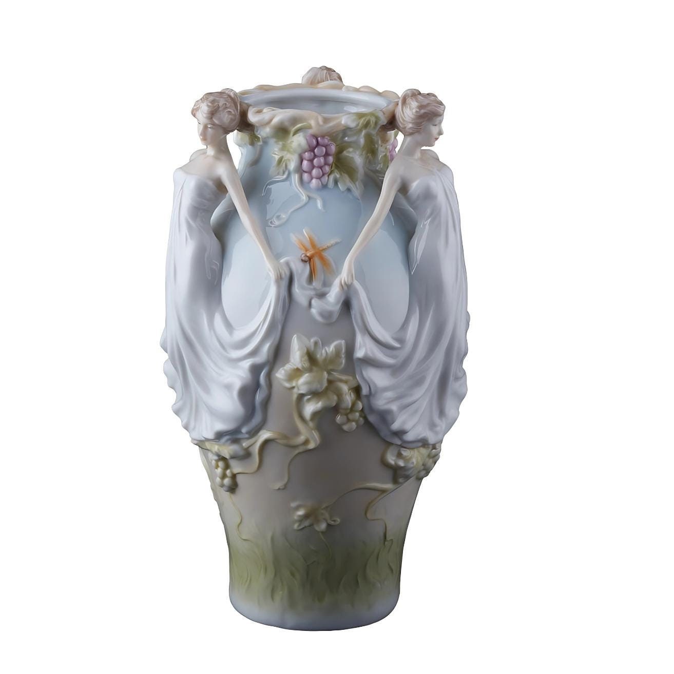 Art nouveau Three Graces Porcelain Vase Pedestalled with Lotus Leaf motif and Standing Maiden