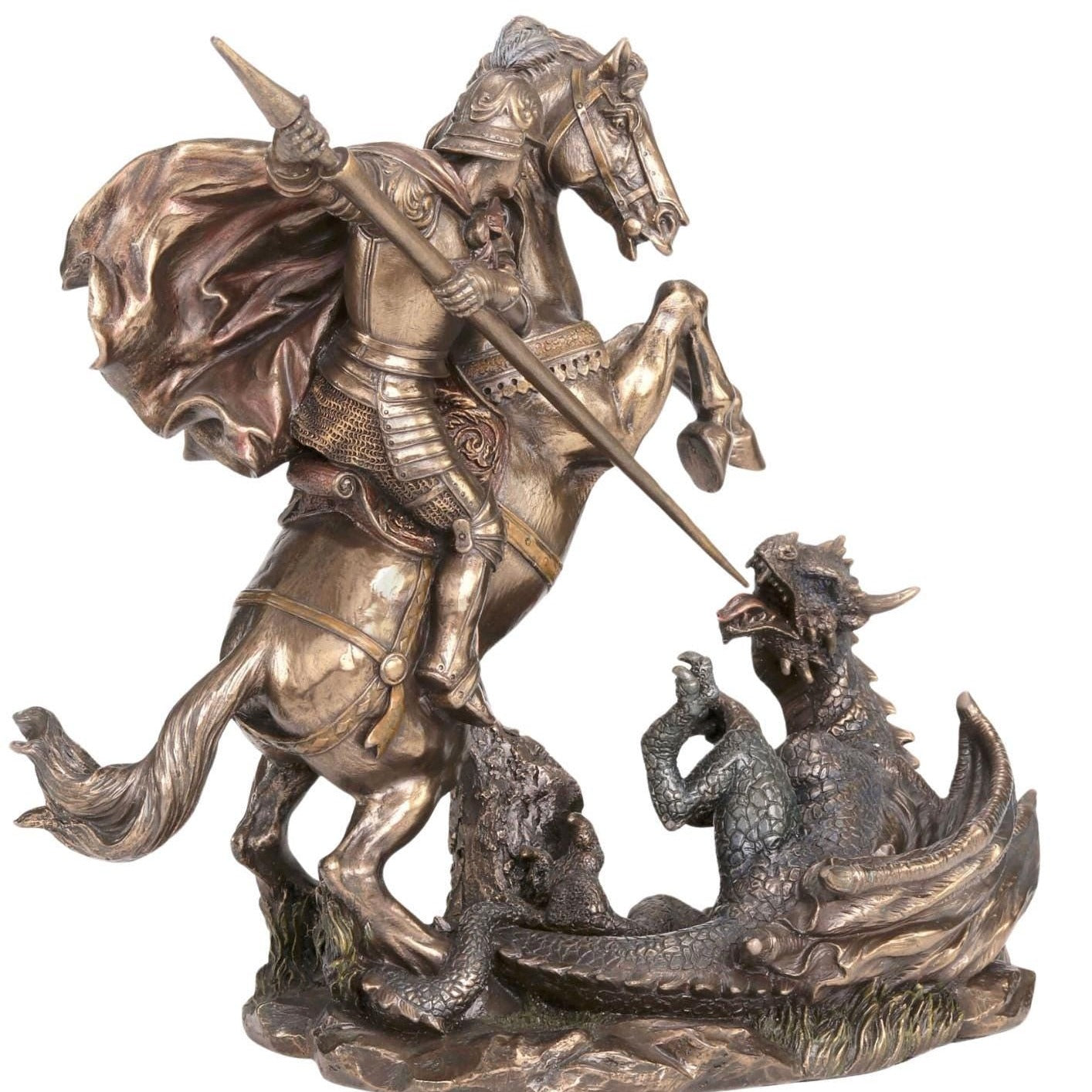 Saint George Killing Dragon Figurine - Bronzed Cold Cast Resin