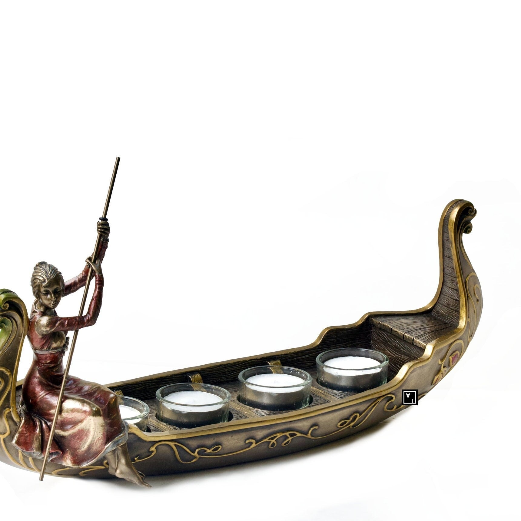 Art Nouveau Woman Gondola Tealight Candle Holder: Bronze Decor