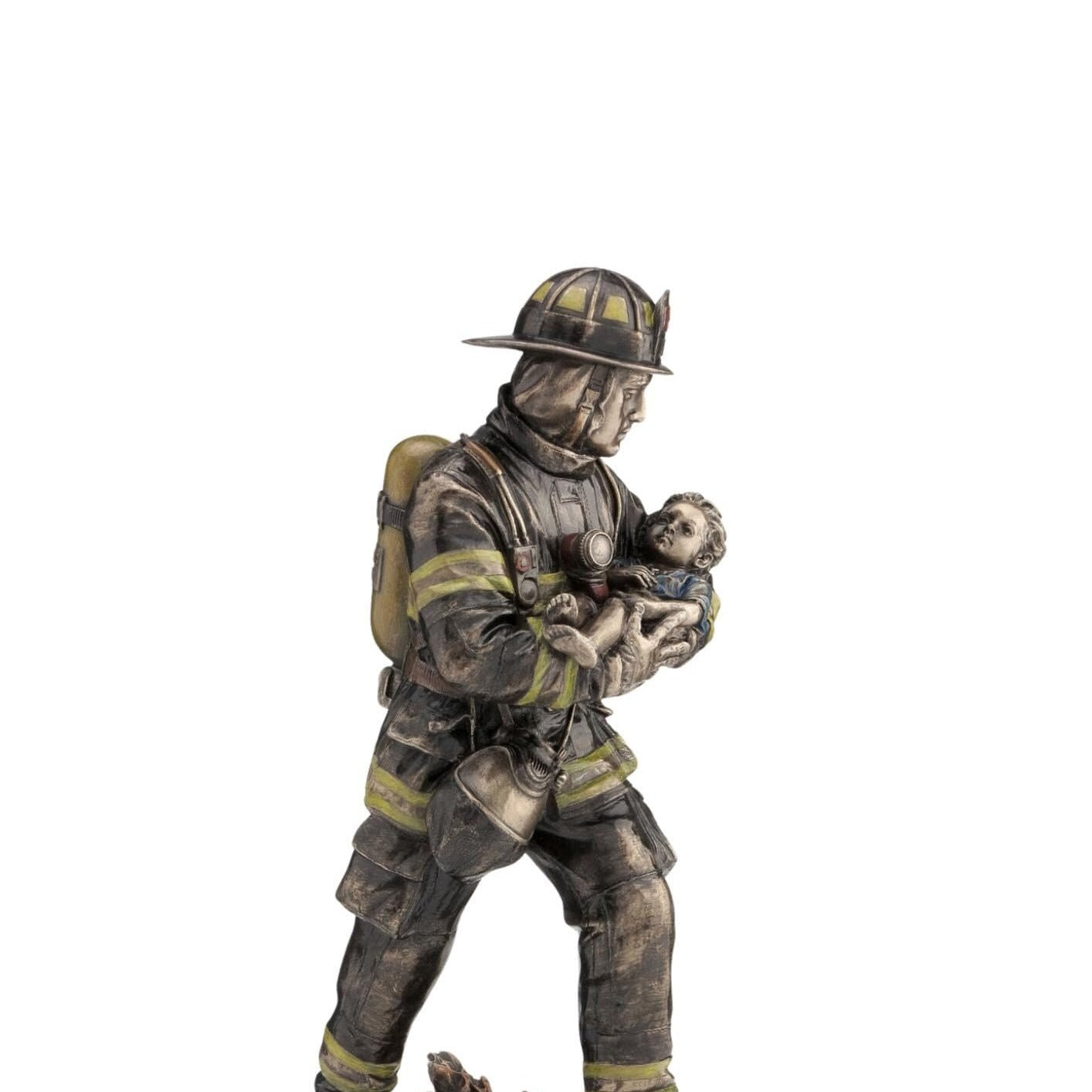 Firefighter Carrying Child Statue: Cold Cast Bronze Rescue Hero Decor (11 Inches)