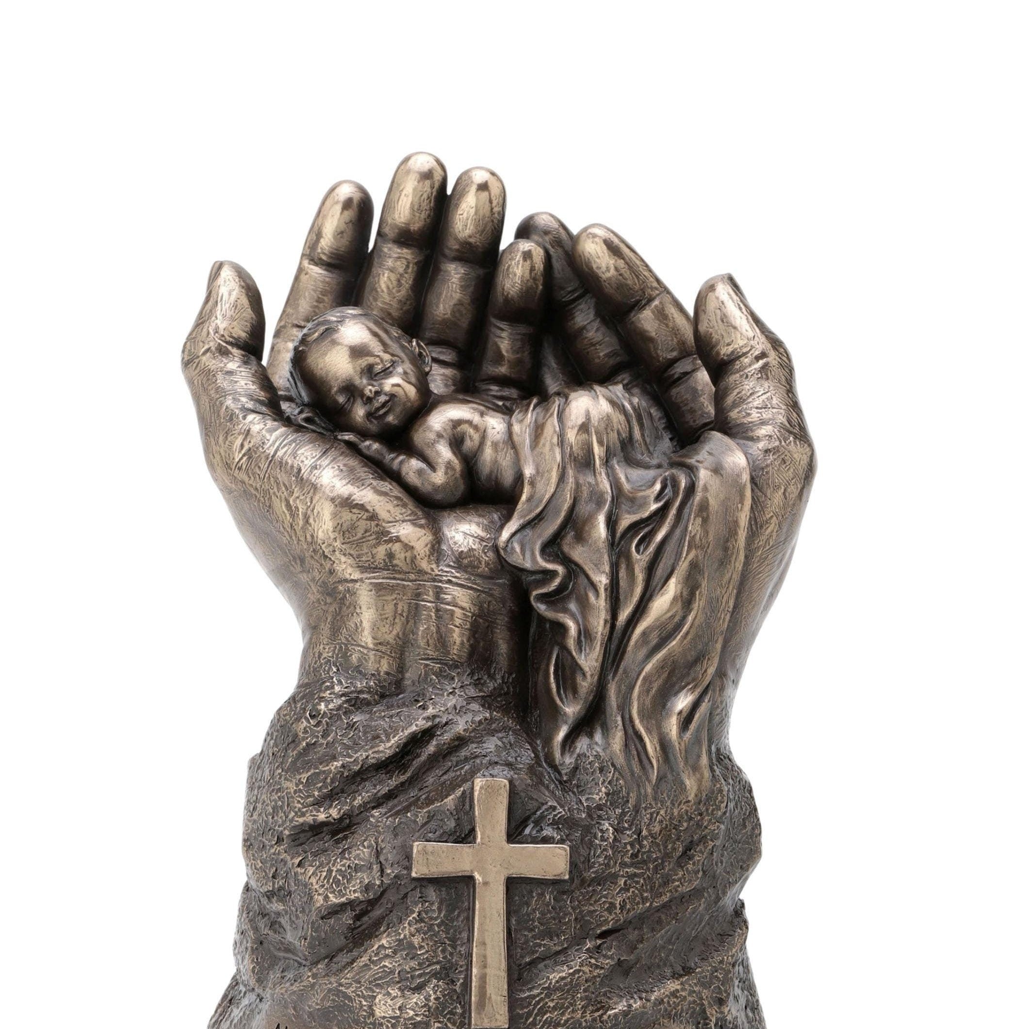 Cold Cast Bronze Christian Statue: Baby in Praying Hands