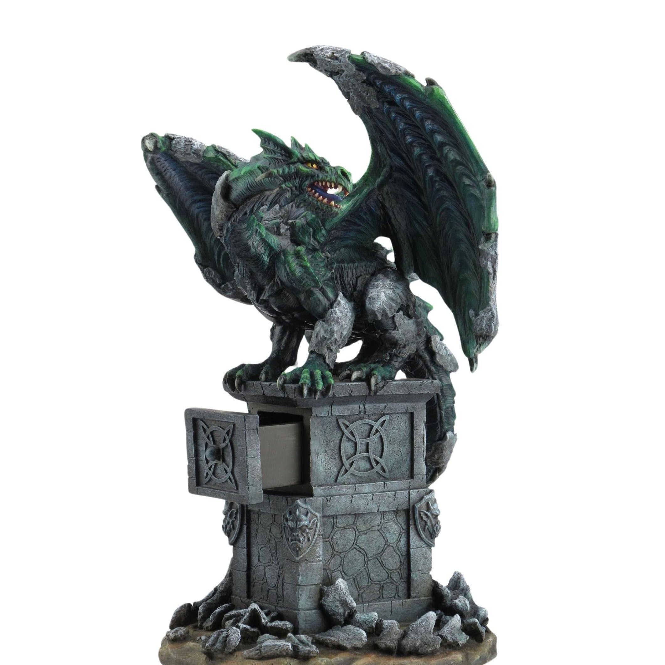 12.6 Inc Awakening Green Dragon Storage Box on a Column jewelry box