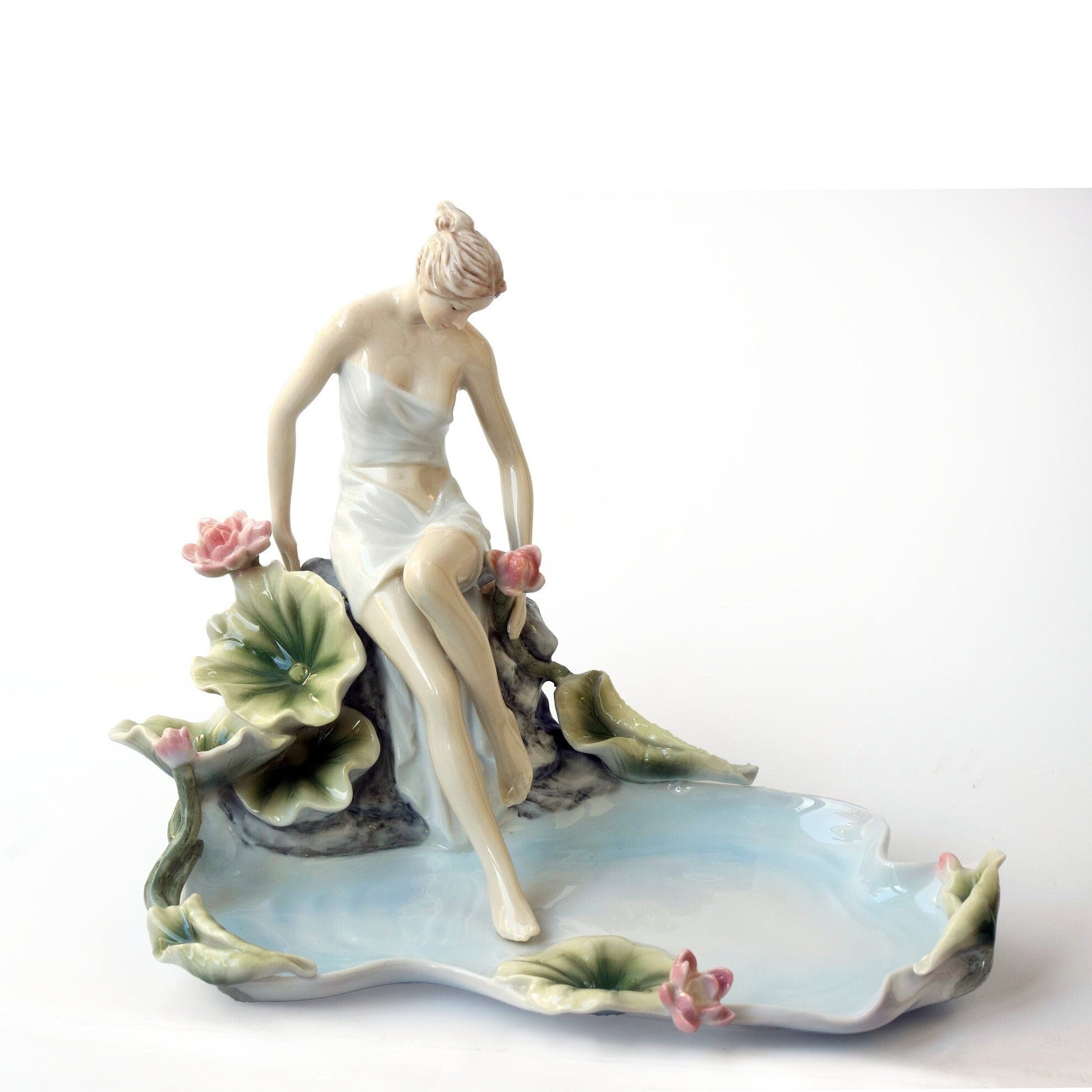 Art nouveau inspired Blue and White Porcelain Tray Lotus Pond Sitting Nymph