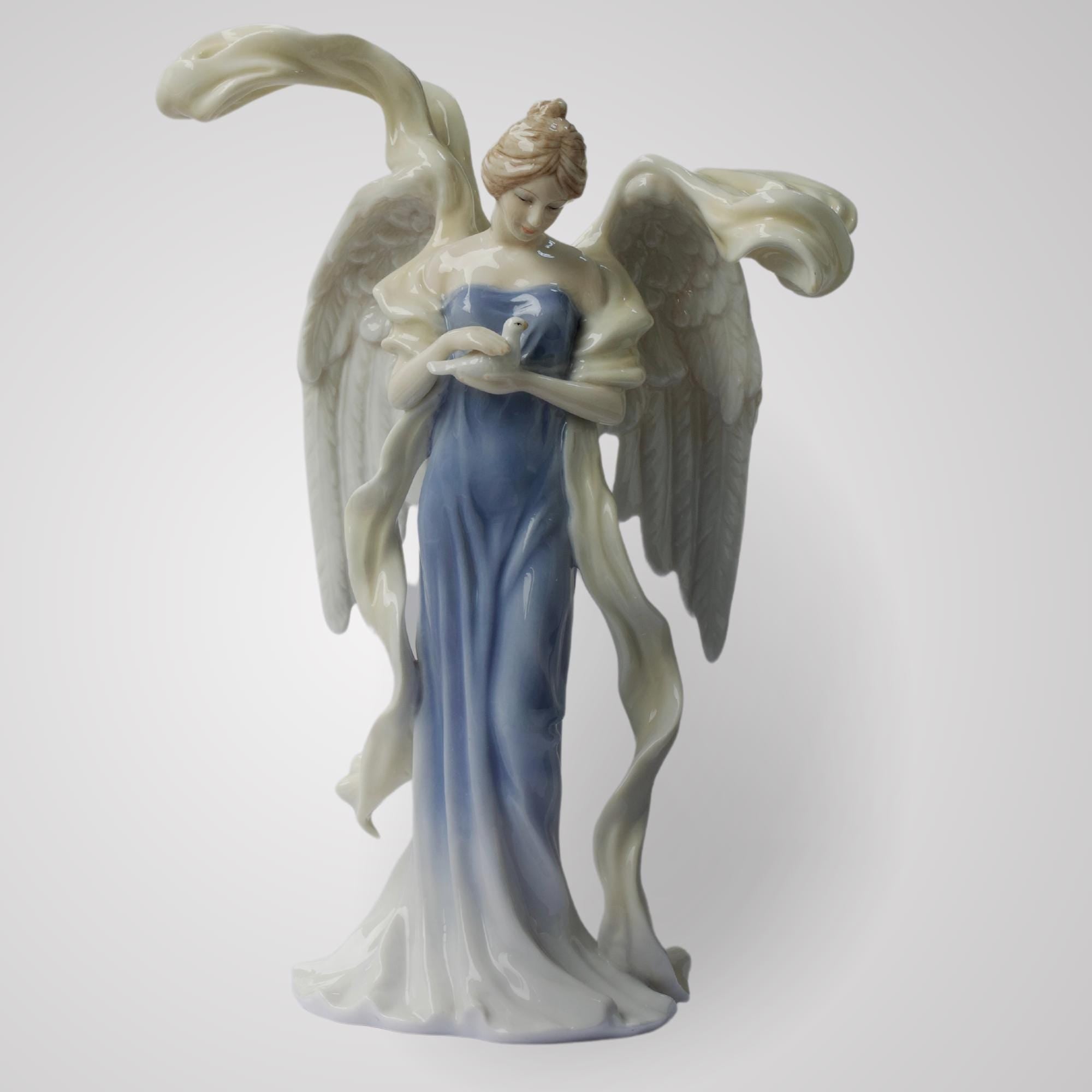9.75 Inch Glazed Porcelain Open Winged Angel Figurine Holding Dove