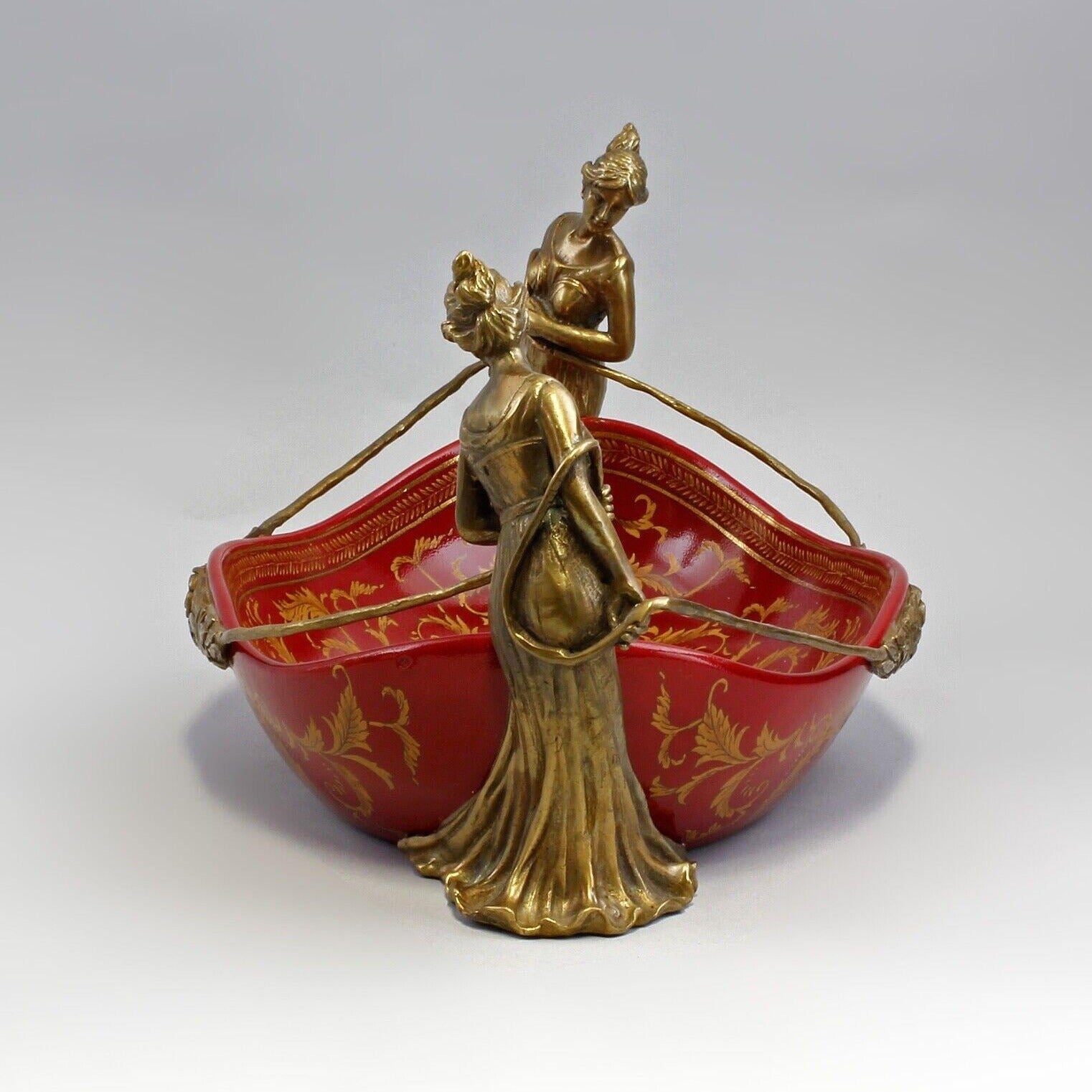 Art Nouveau Porcelain Centerpiece Bowl: Bronze Woman Figurine Decor