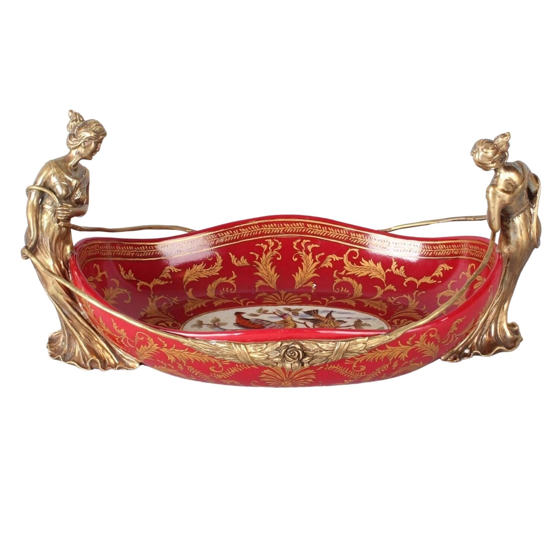 Art Nouveau Porcelain Centerpiece Bowl: Bronze Woman Figurine Decor