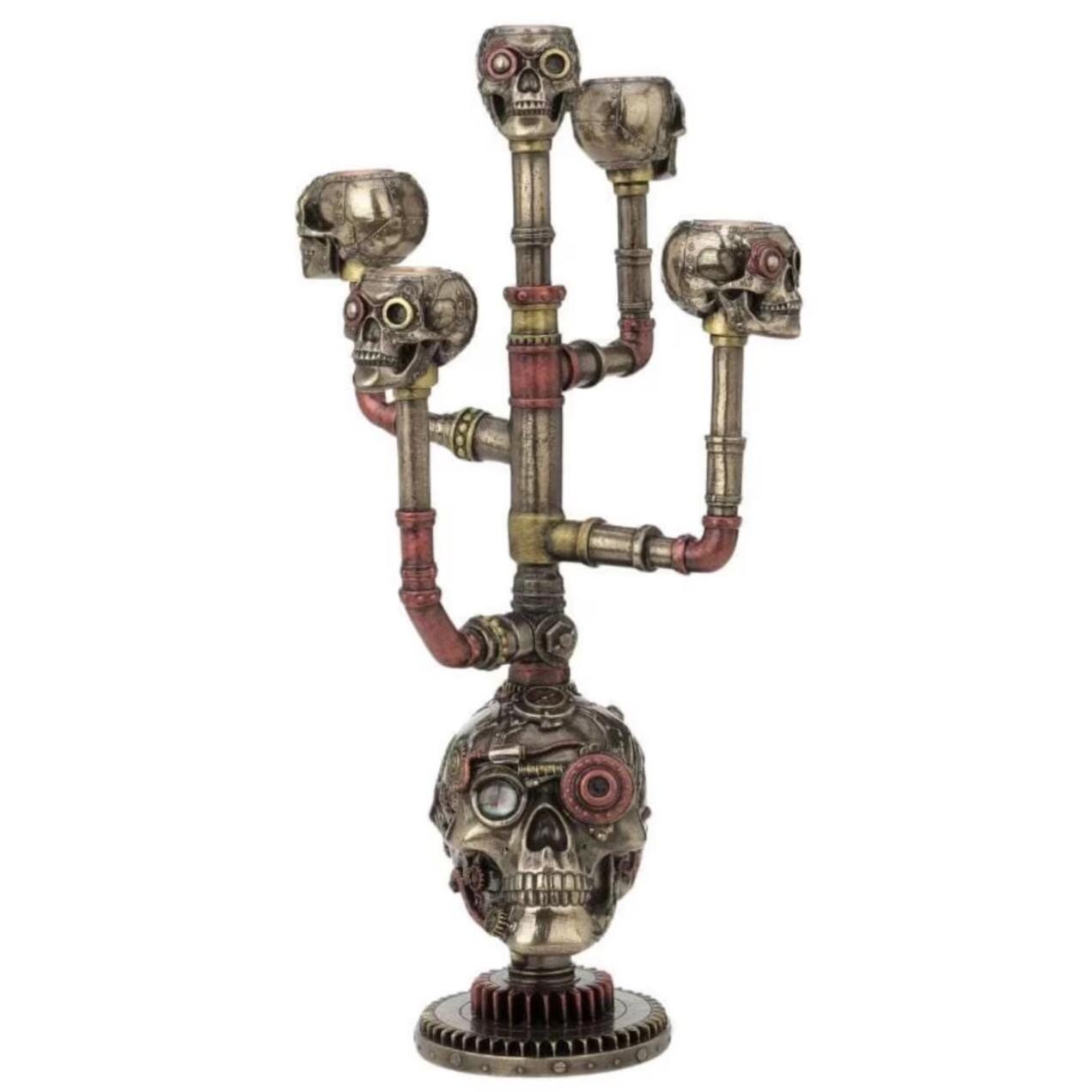 Steampunk Skull Candle Holder – Gothic Industrial Pipe Ornament