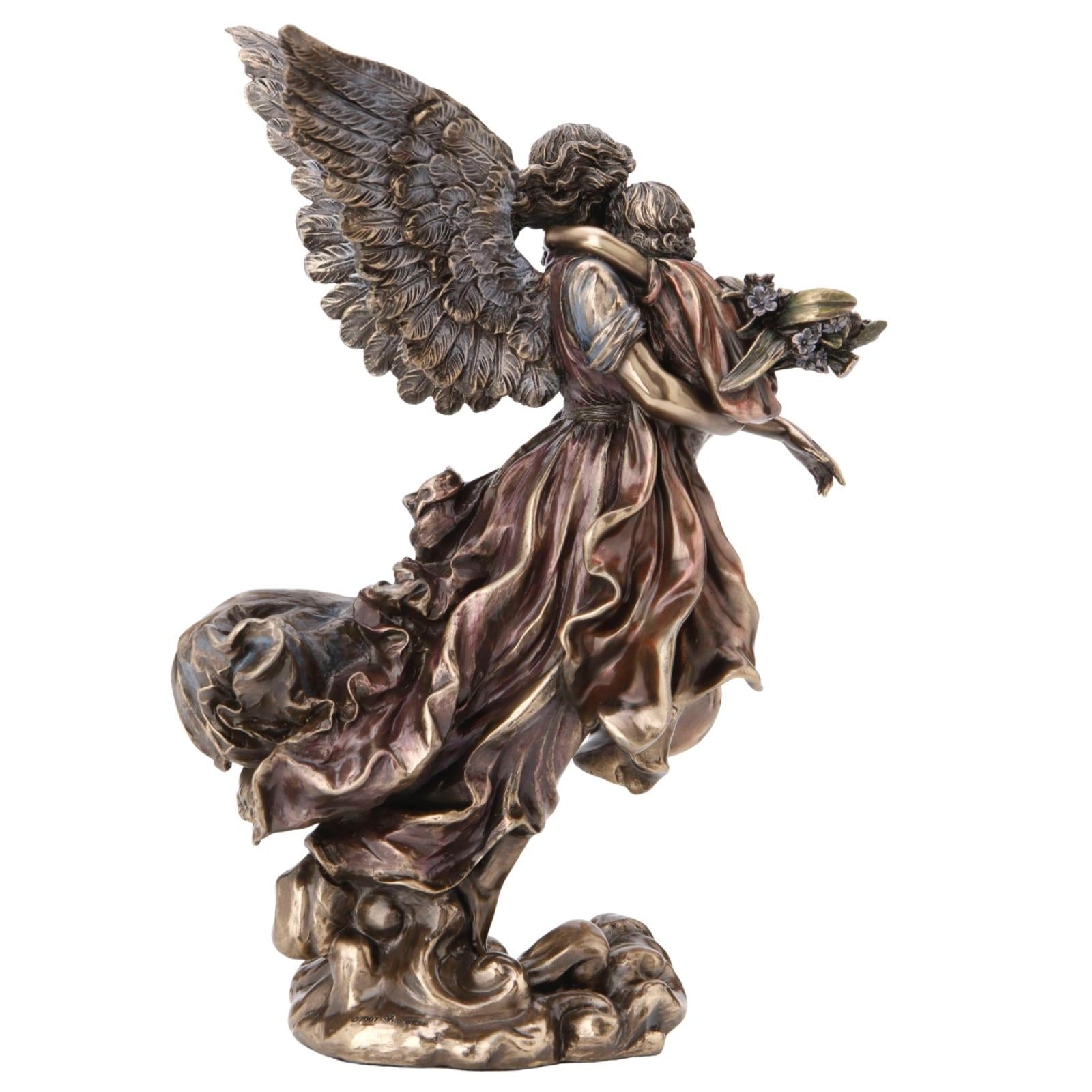 Cold Cast Bronze Guardian Angel Statue: Child and Flower, Heavenly Decor
