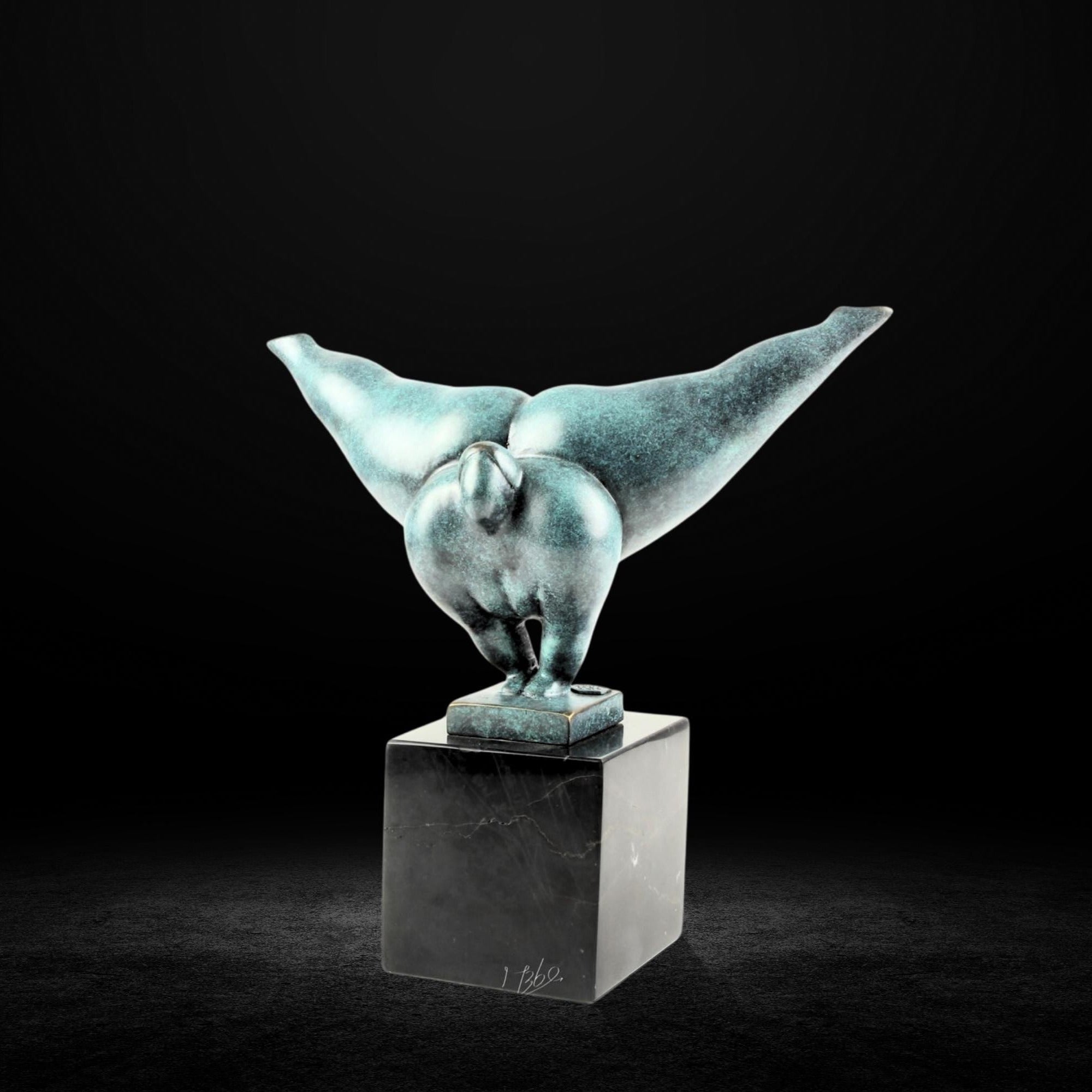 Botero Style Bronze Diving Woman Sculpture: Patina Finish on Marble Base