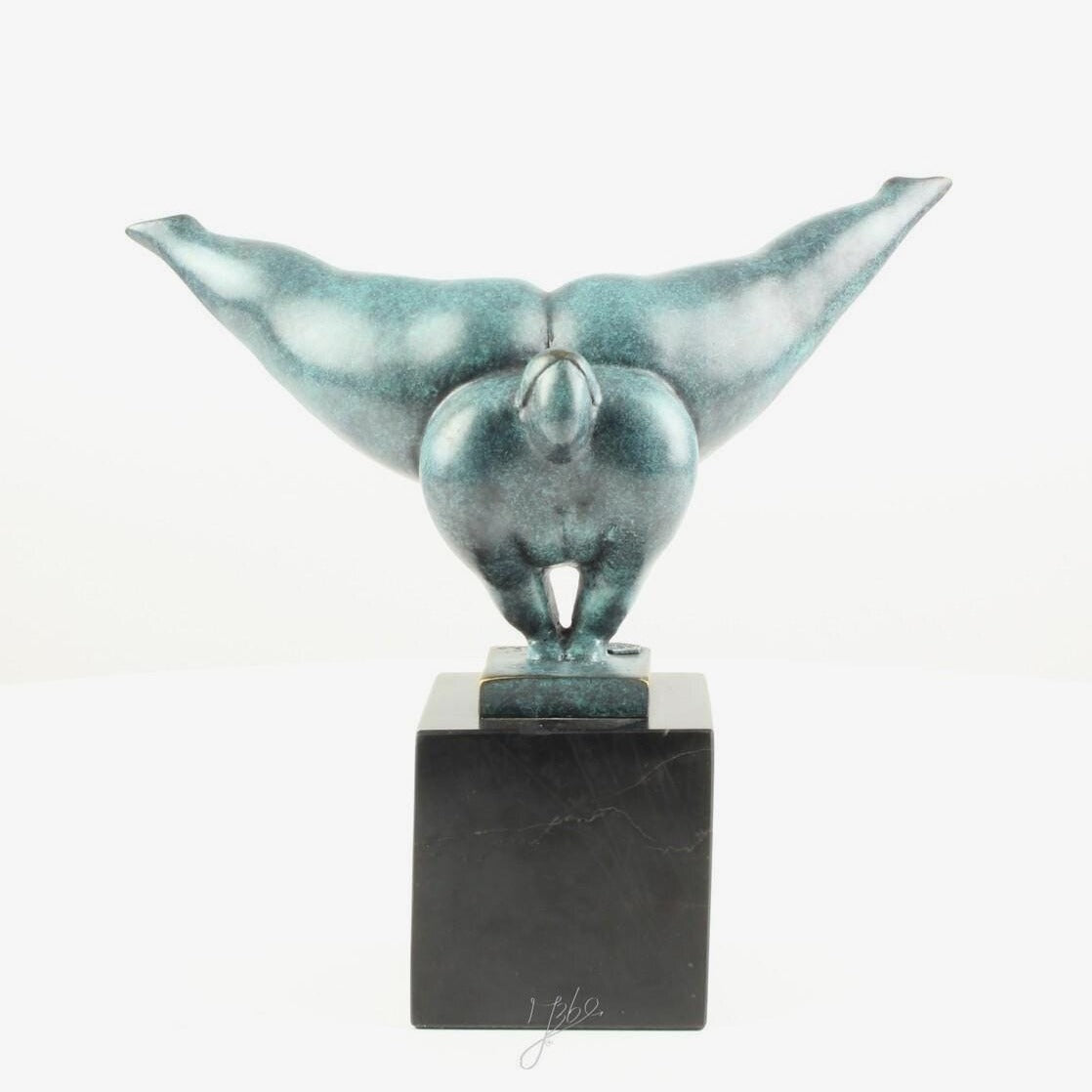Botero Style Bronze Diving Woman Sculpture: Patina Finish on Marble Base