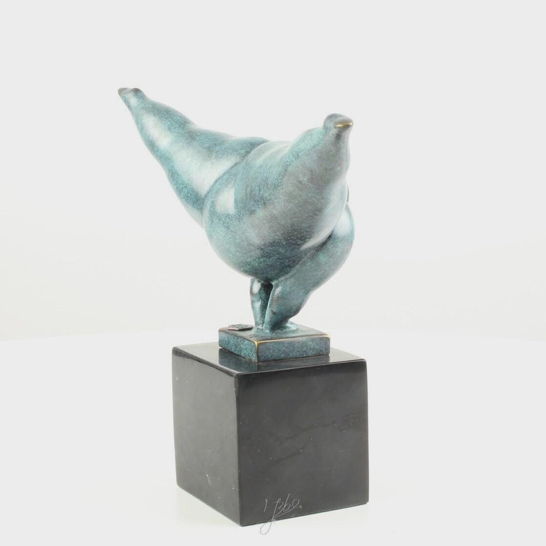 Botero Style Bronze Diving Woman Sculpture: Patina Finish on Marble Base