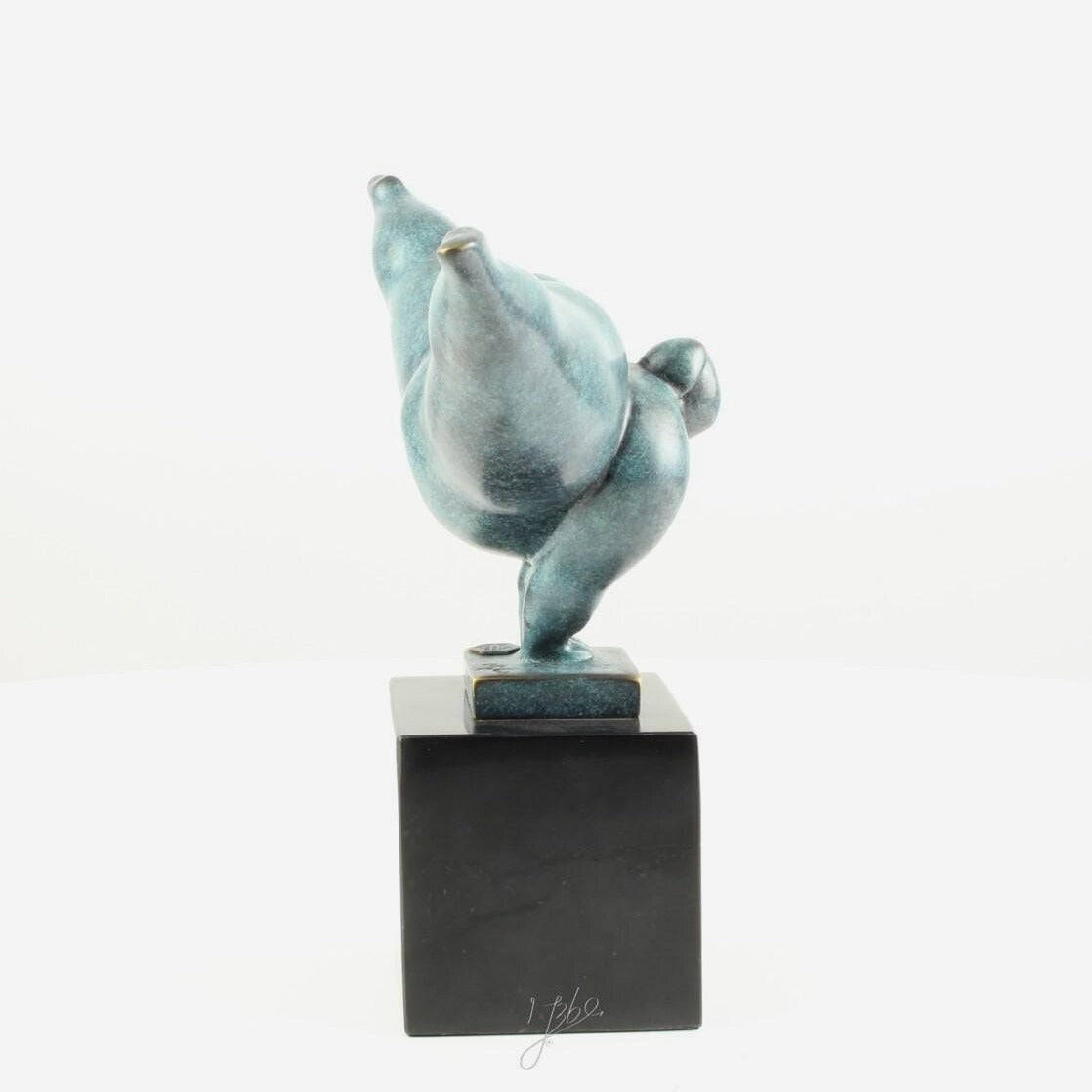 Botero Style Bronze Diving Woman Sculpture: Patina Finish on Marble Base