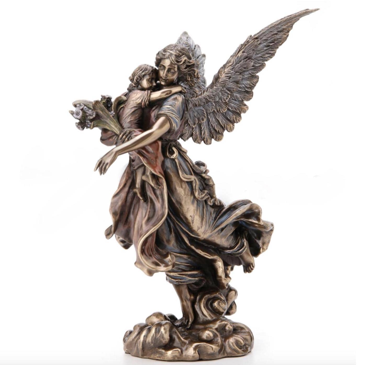 Cold Cast Bronze Guardian Angel Statue: Child and Flower, Heavenly Decor