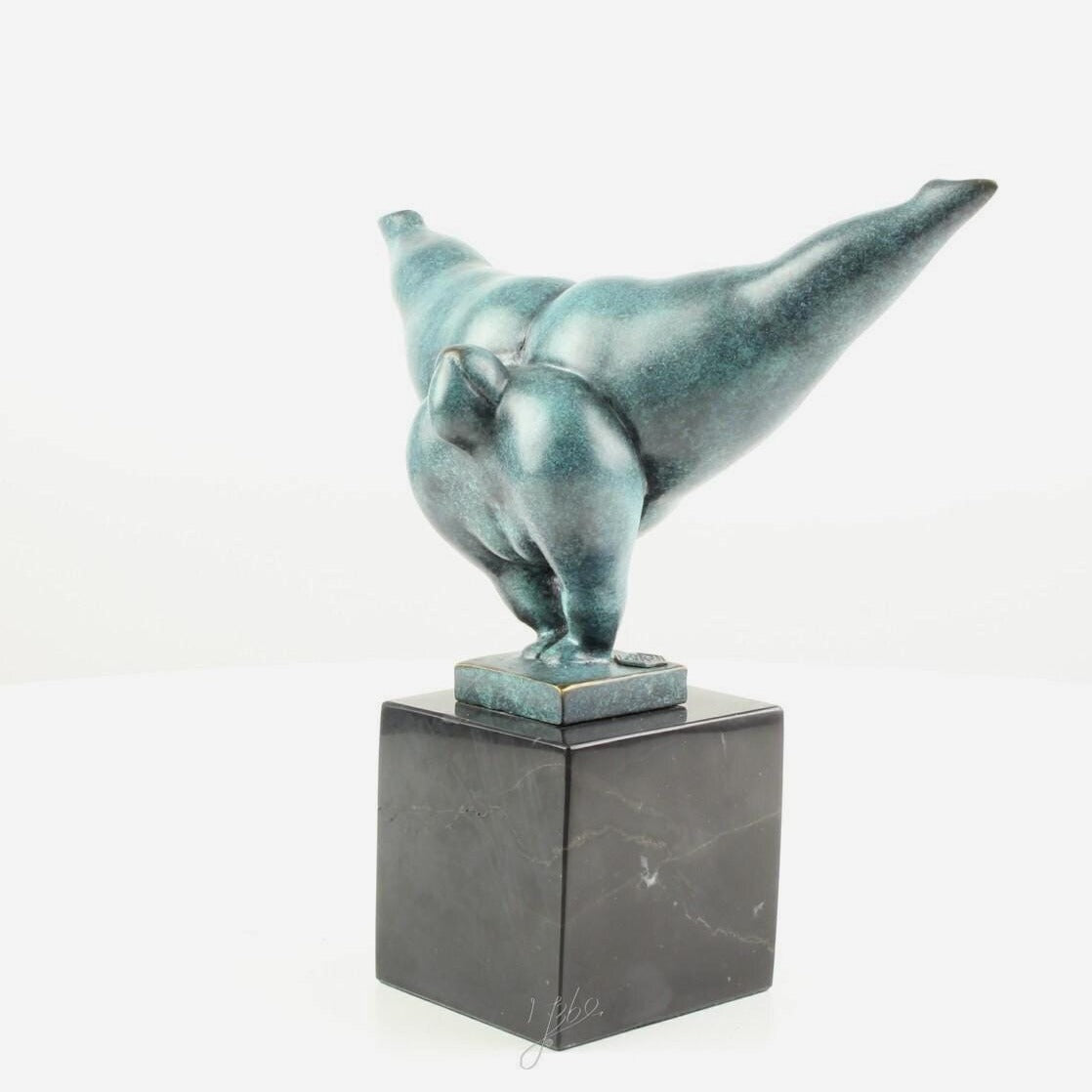 Botero Style Bronze Diving Woman Sculpture: Patina Finish on Marble Base