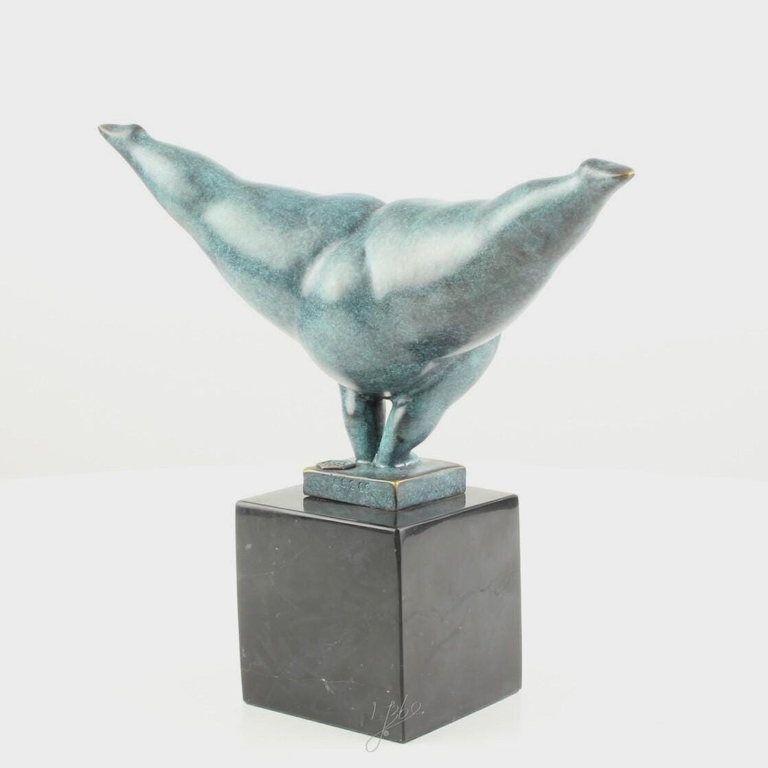 Botero Style Bronze Diving Woman Sculpture: Patina Finish on Marble Base