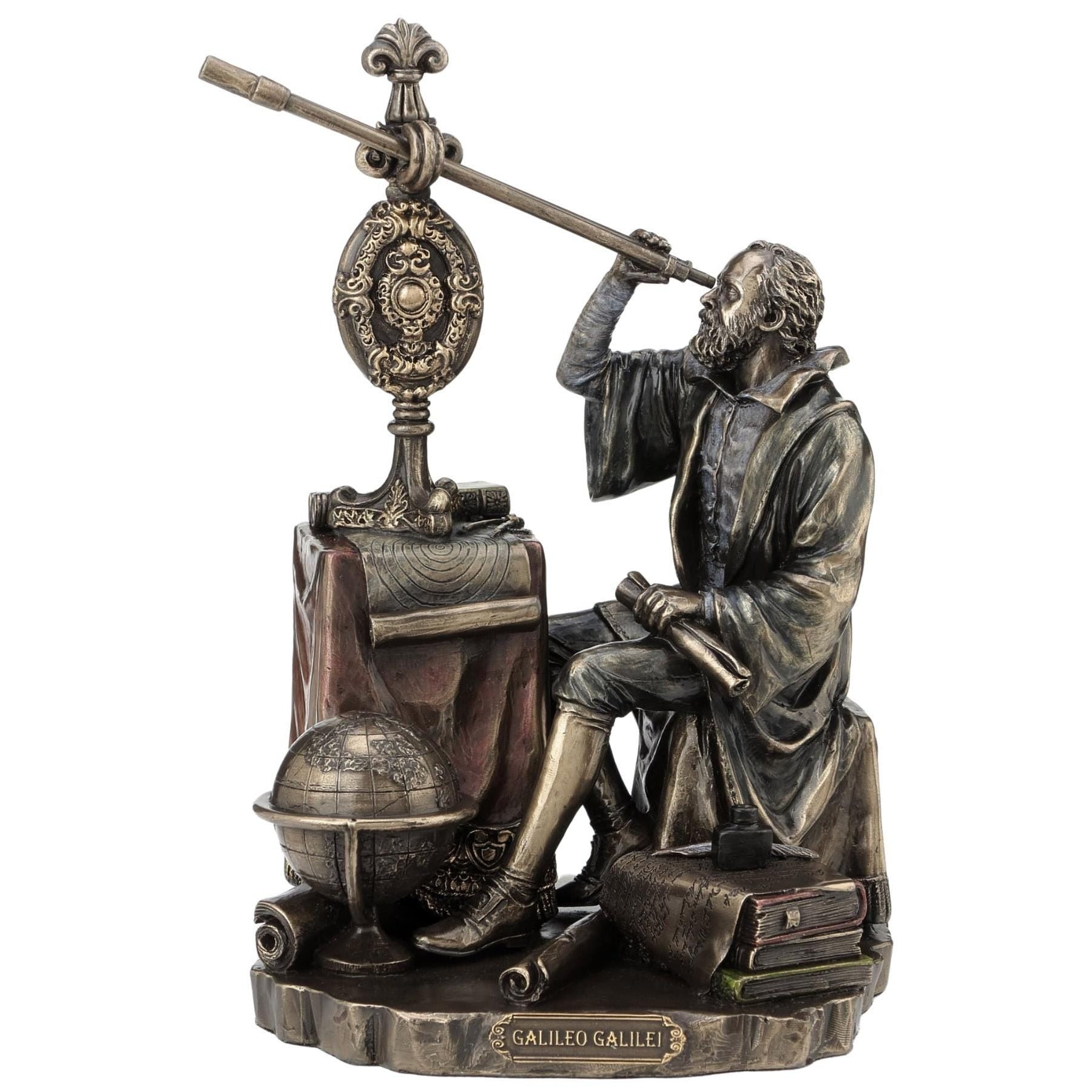 Galileo Galilei Statue: Renaissance Scientist with Telescope - Cold Cast Bronze