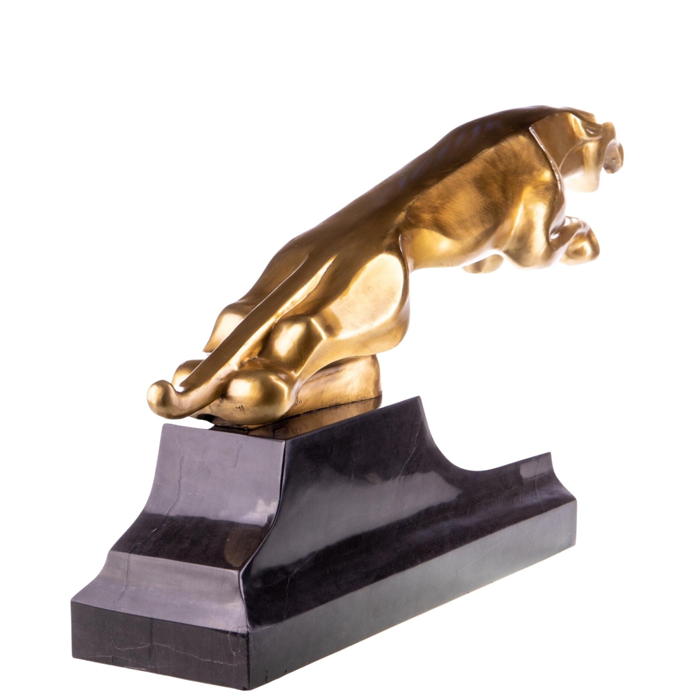 Large Art Deco Bronze Golden Panther Sculpture on Marble Base