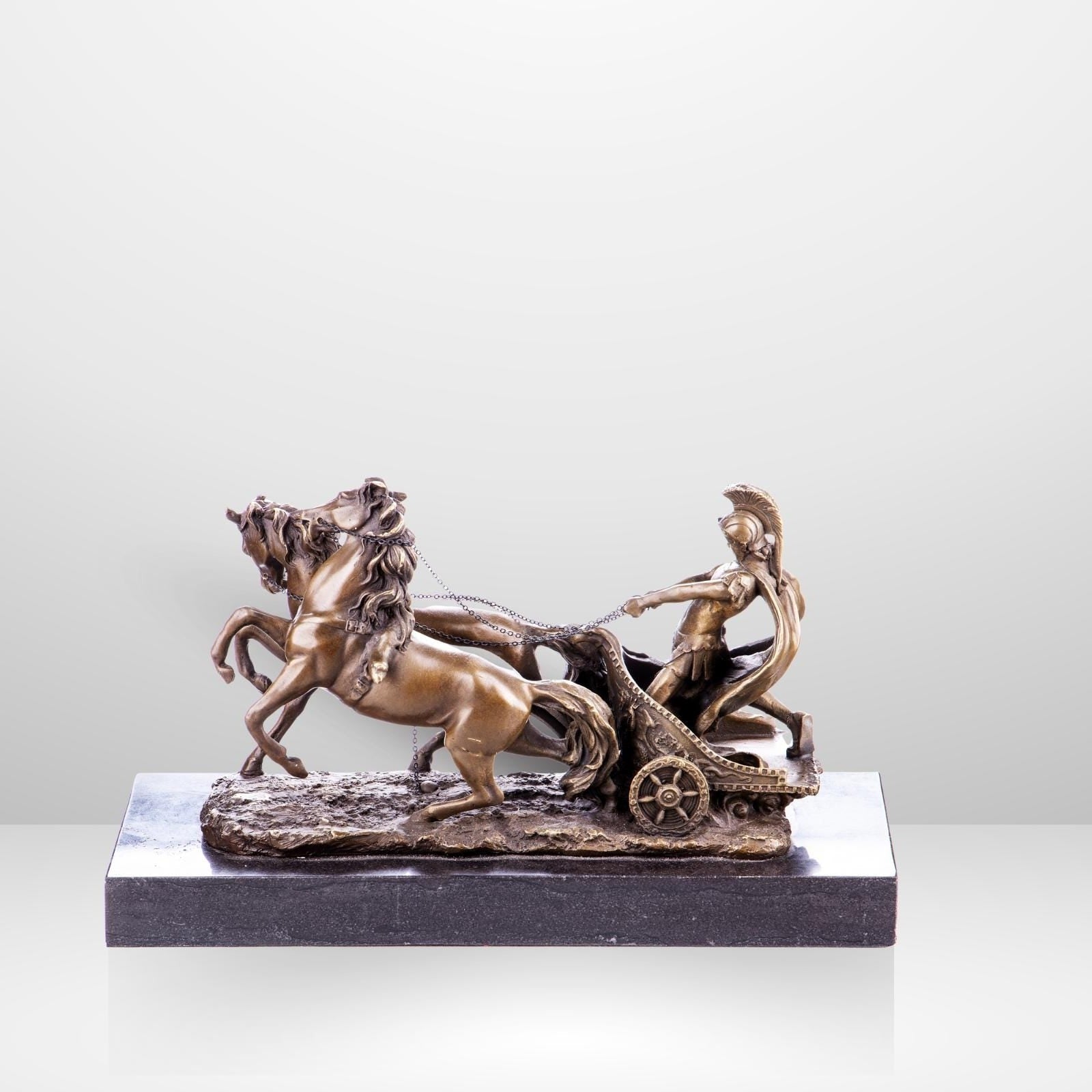 Ancient Warrior Bronze Chariot Sculpture – Marble Base – Classical Decor Statue. Office Sculptures